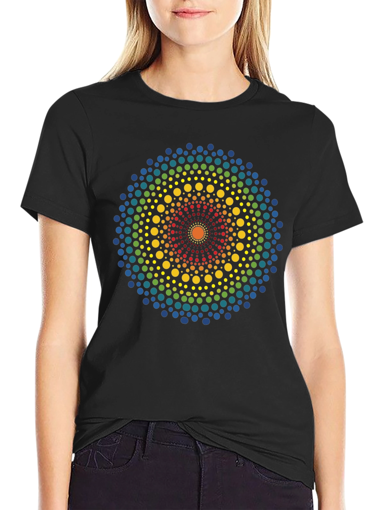 Rainbow Dot Mandala Black T-Shirt