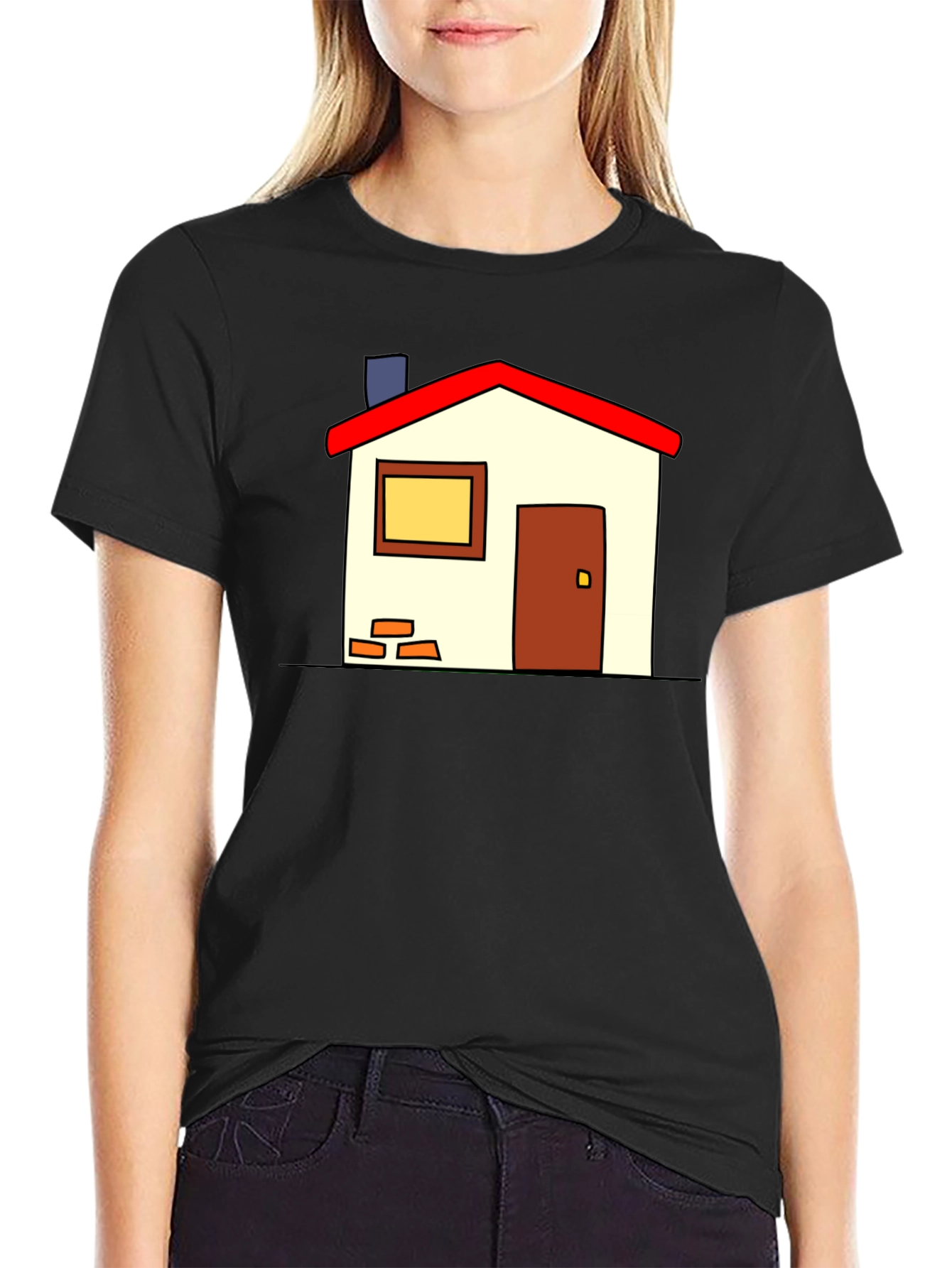 Cartoon House Graphic T-Shirt - Black Casual Tee
