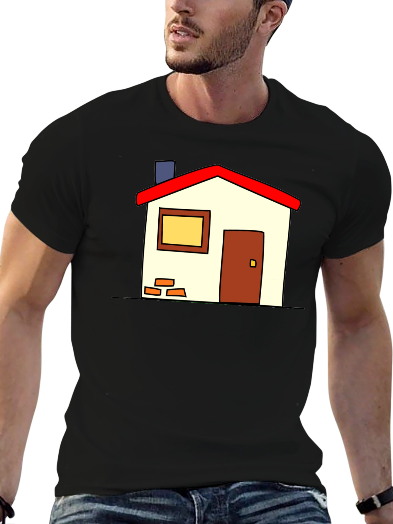 Cartoon House Graphic T-Shirt - Black Casual Tee