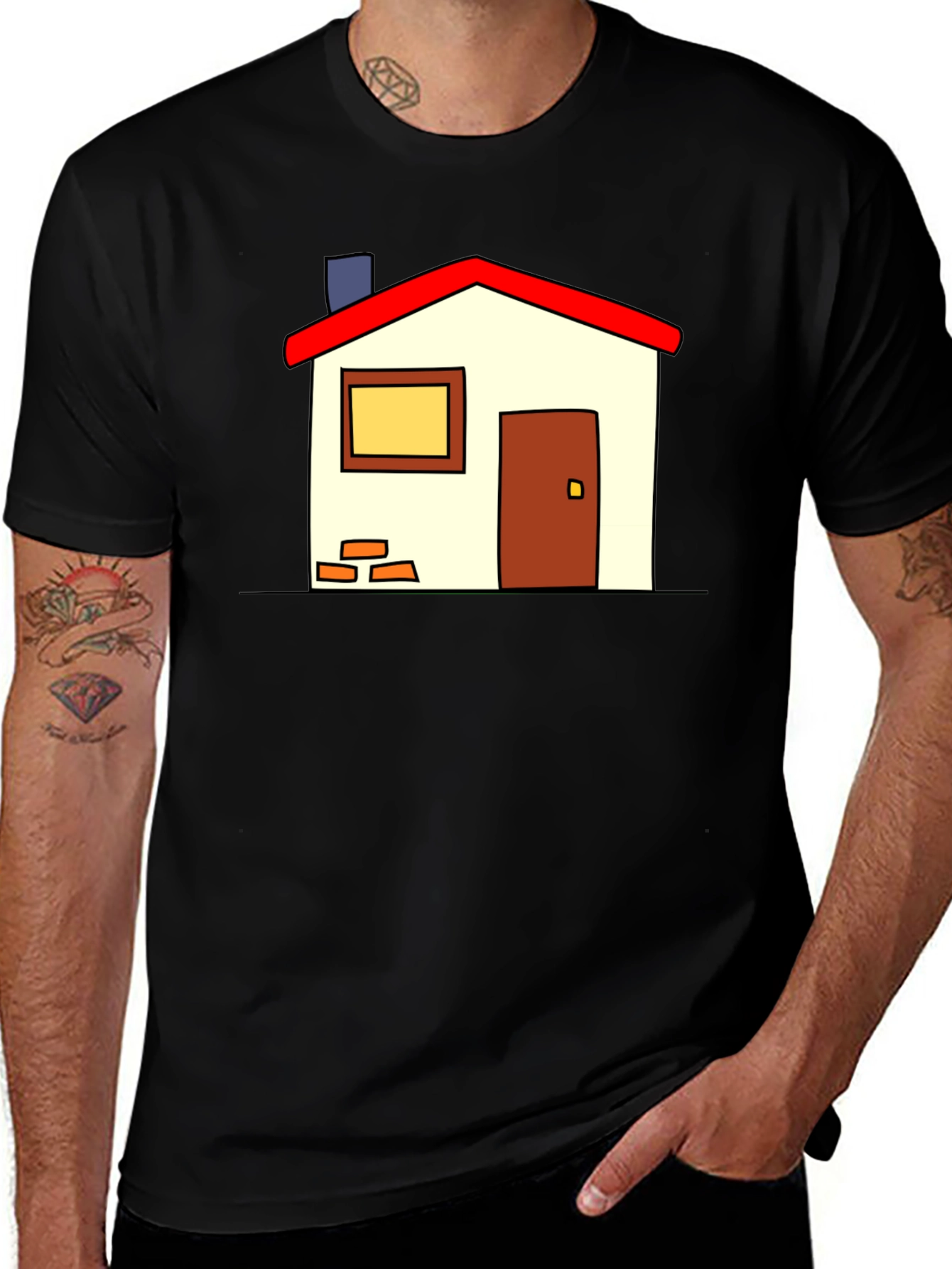 Cartoon House Graphic T-Shirt - Black Casual Tee