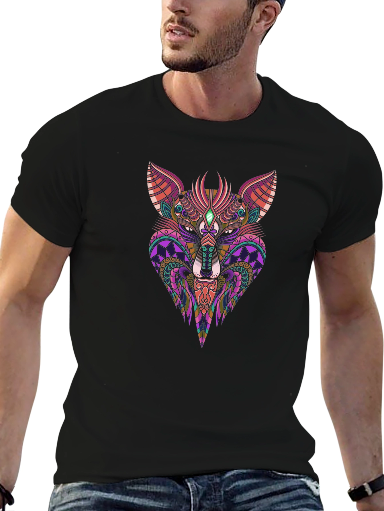 Abstract Fox Graphic Print Black T-Shirt