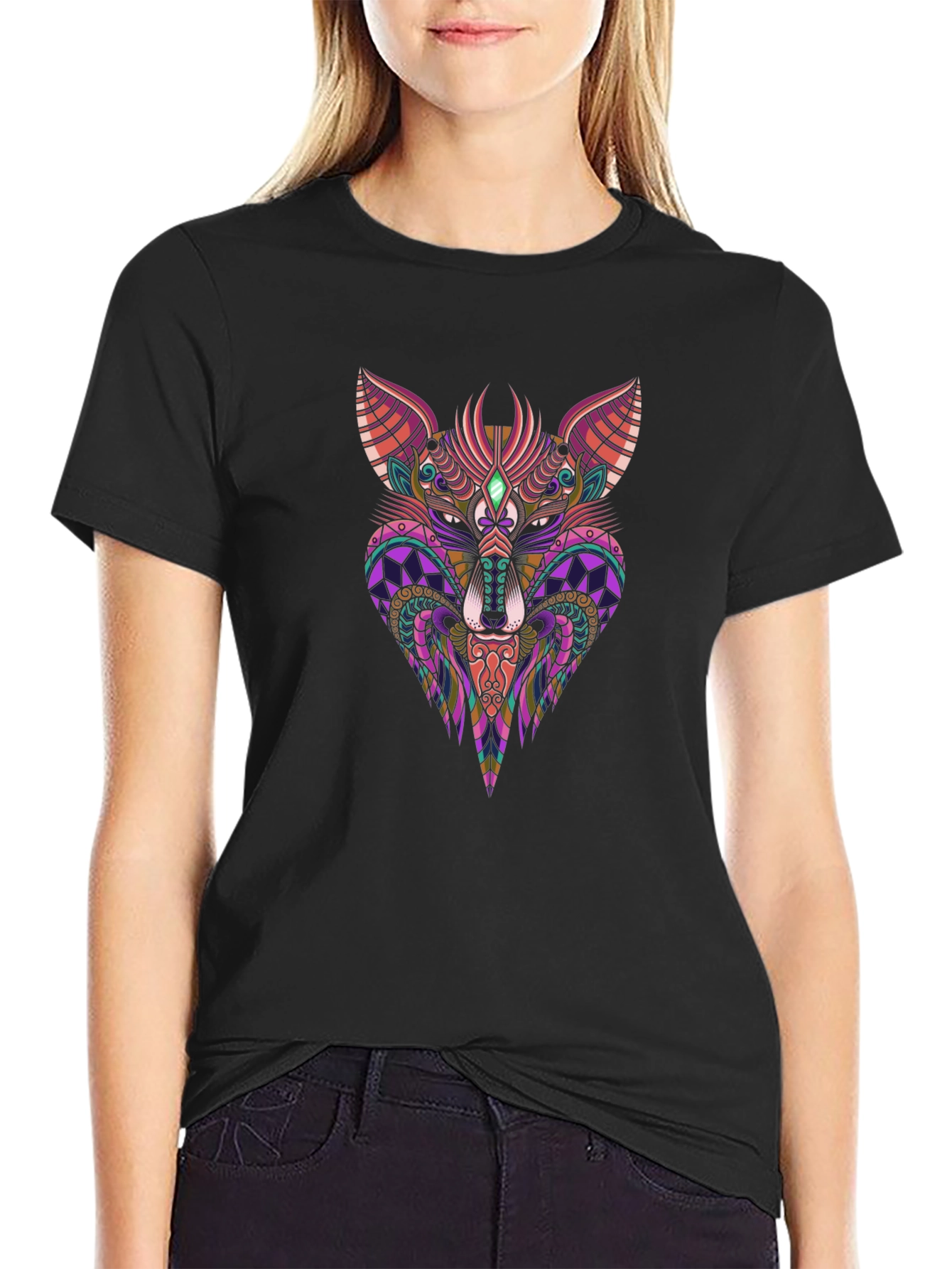 Abstract Fox Graphic Print Black T-Shirt