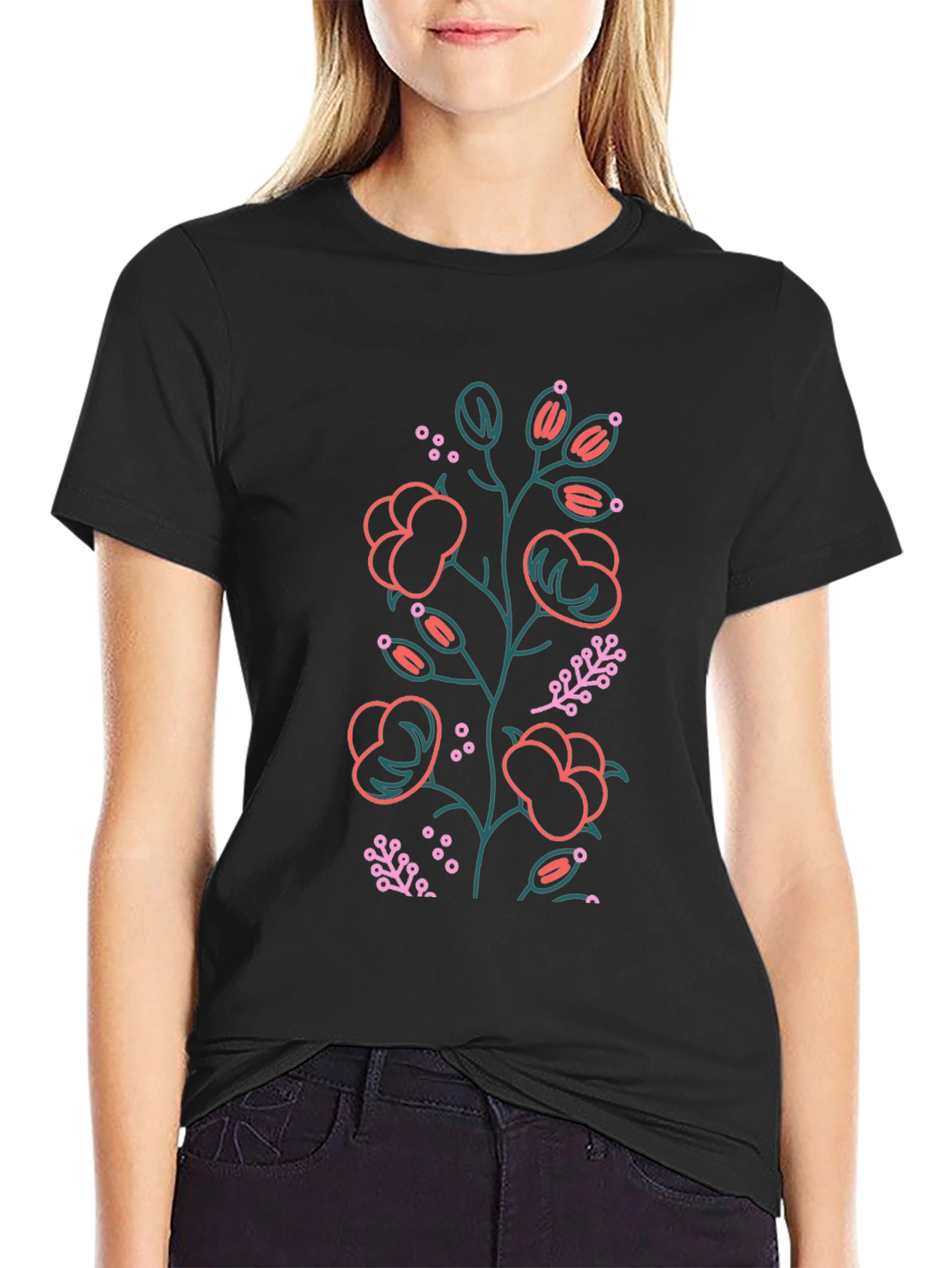 Floral Outline Graphic Tee - Black Cotton Blend
