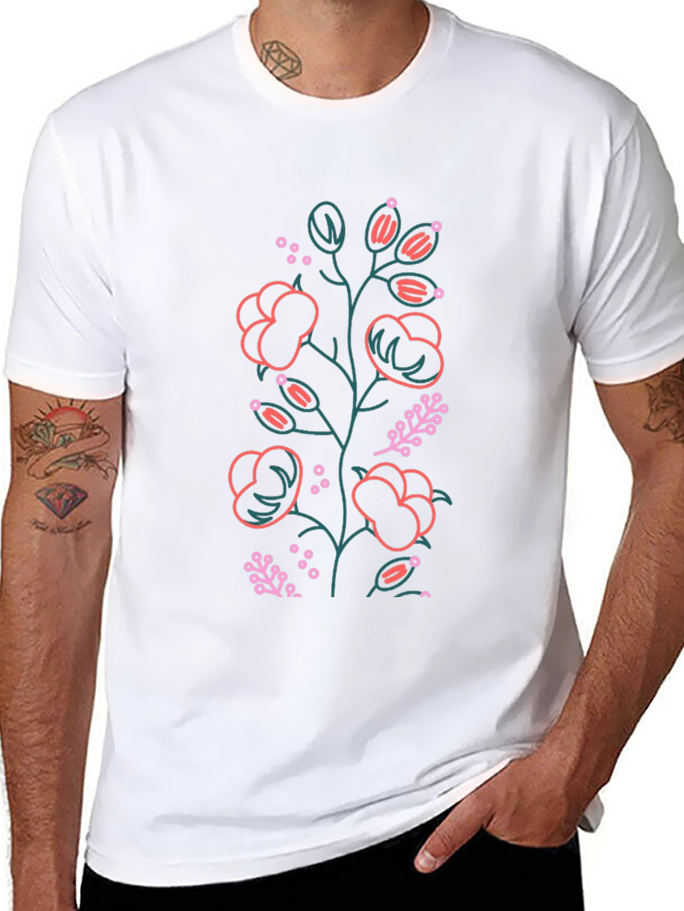 Floral Outline Graphic Tee - Black Cotton Blend
