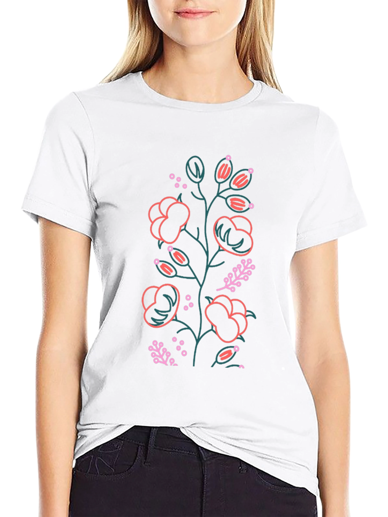 Floral Outline Graphic Tee - Black Cotton Blend