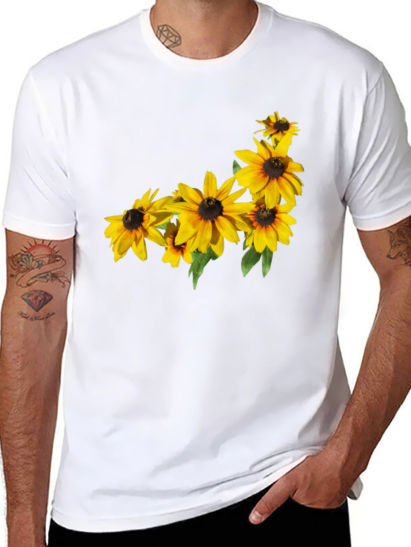 Black T-Shirt with Floral Sunflower Design