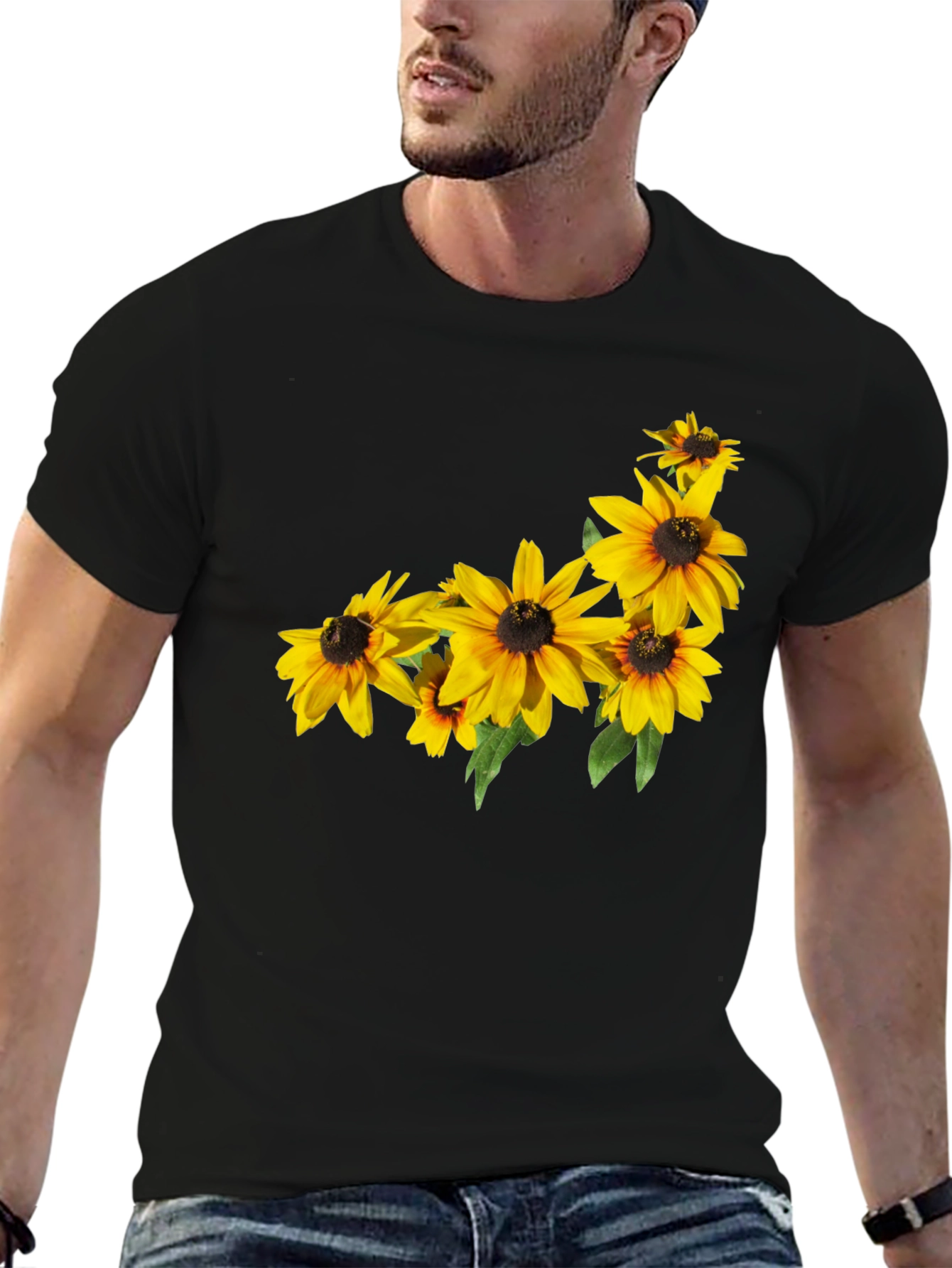 Black T-Shirt with Floral Sunflower Design