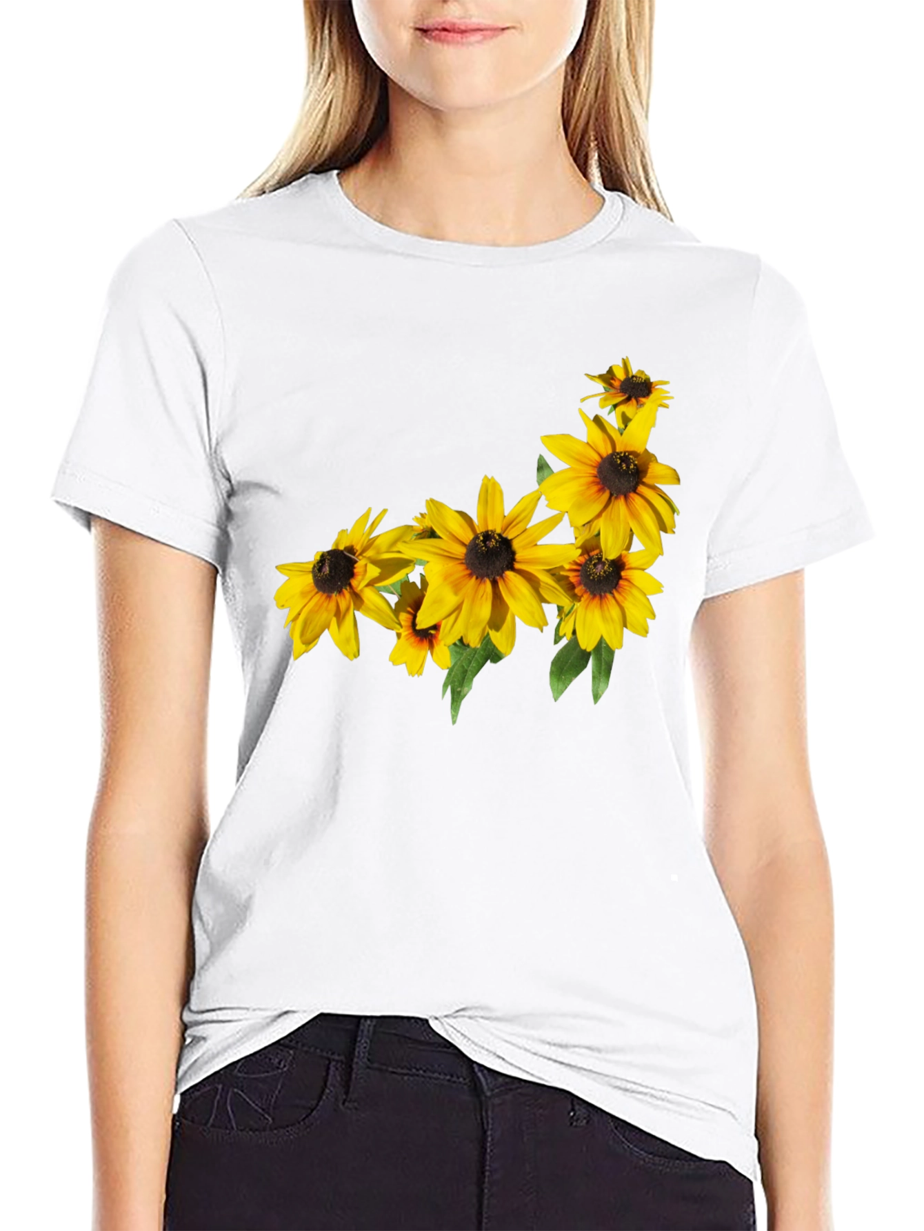 Black T-Shirt with Floral Sunflower Design