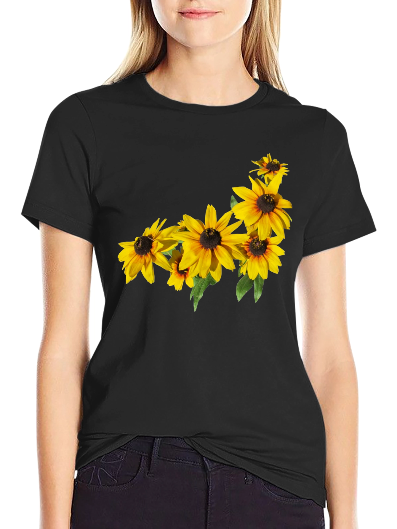 Black T-Shirt with Floral Sunflower Design