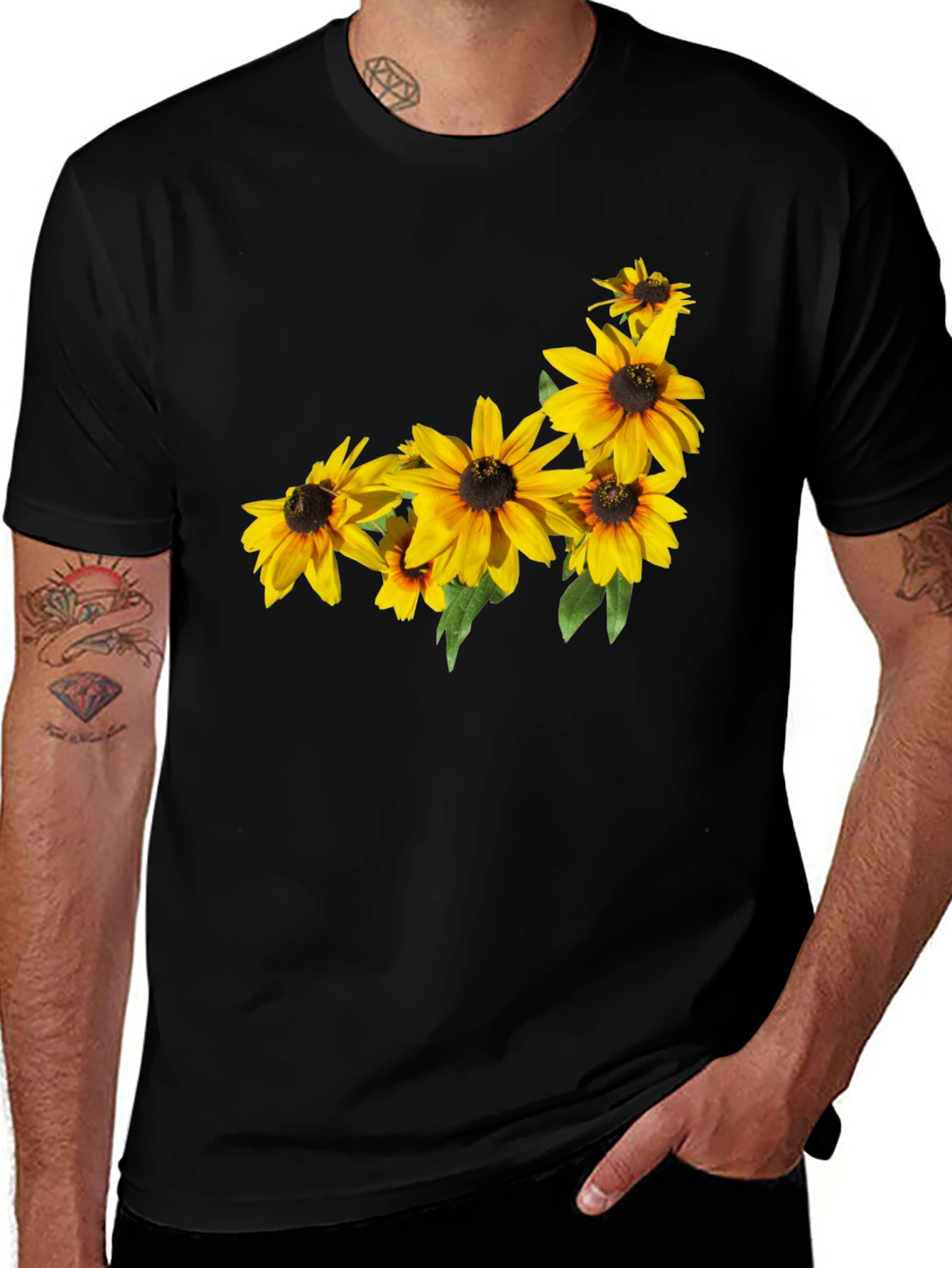 Black T-Shirt with Floral Sunflower Design