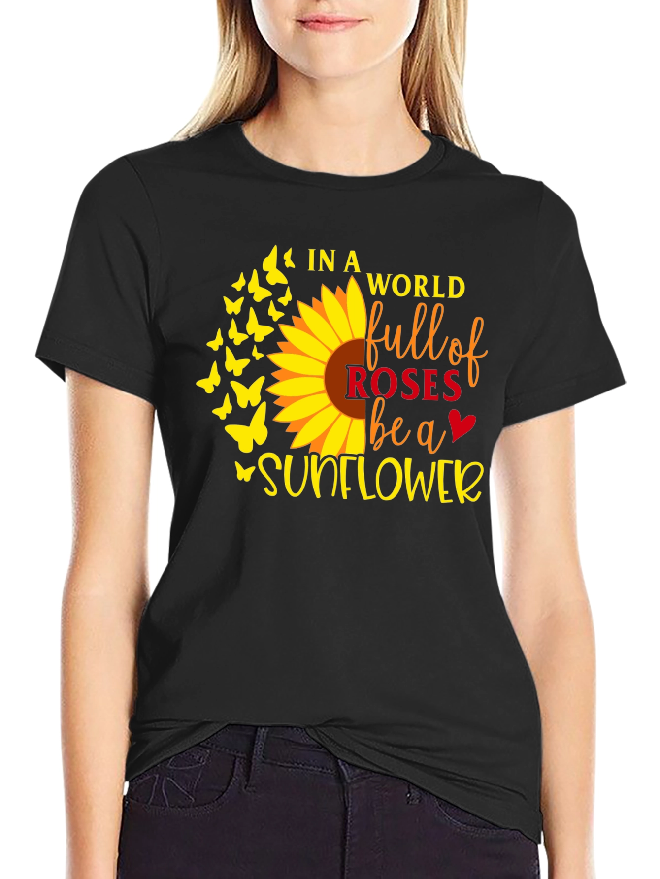 Sunflower Butterfly Graphic T-Shirt - Black