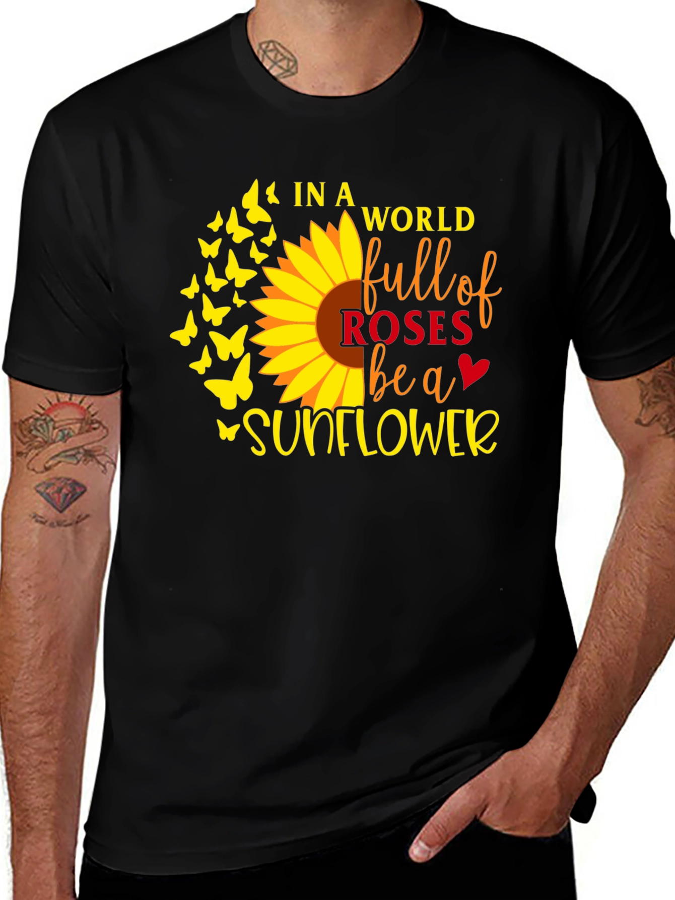 Sunflower Butterfly Graphic T-Shirt - Black