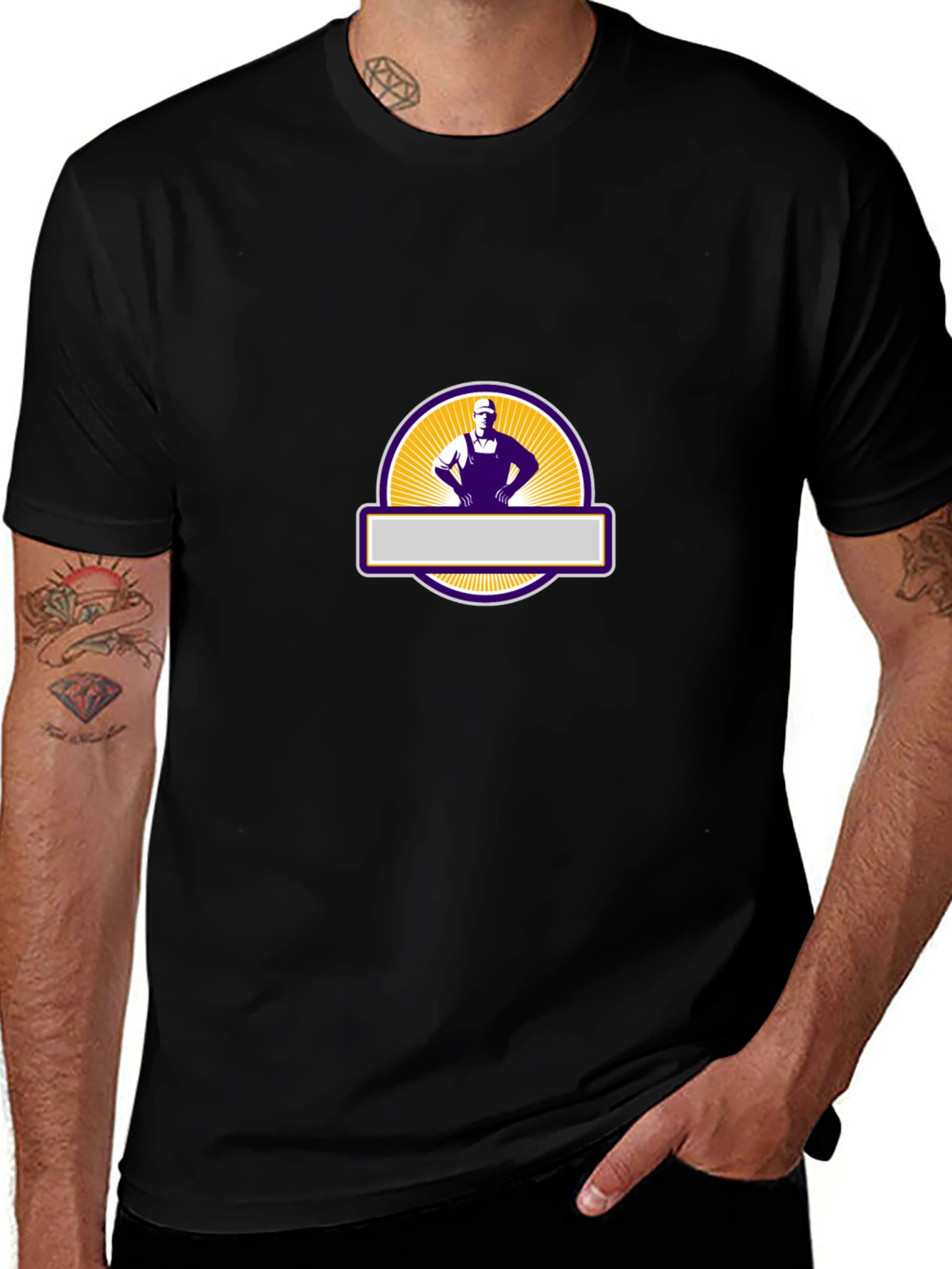 Mens Black Graphic T-Shirt - Retro Worker Design
