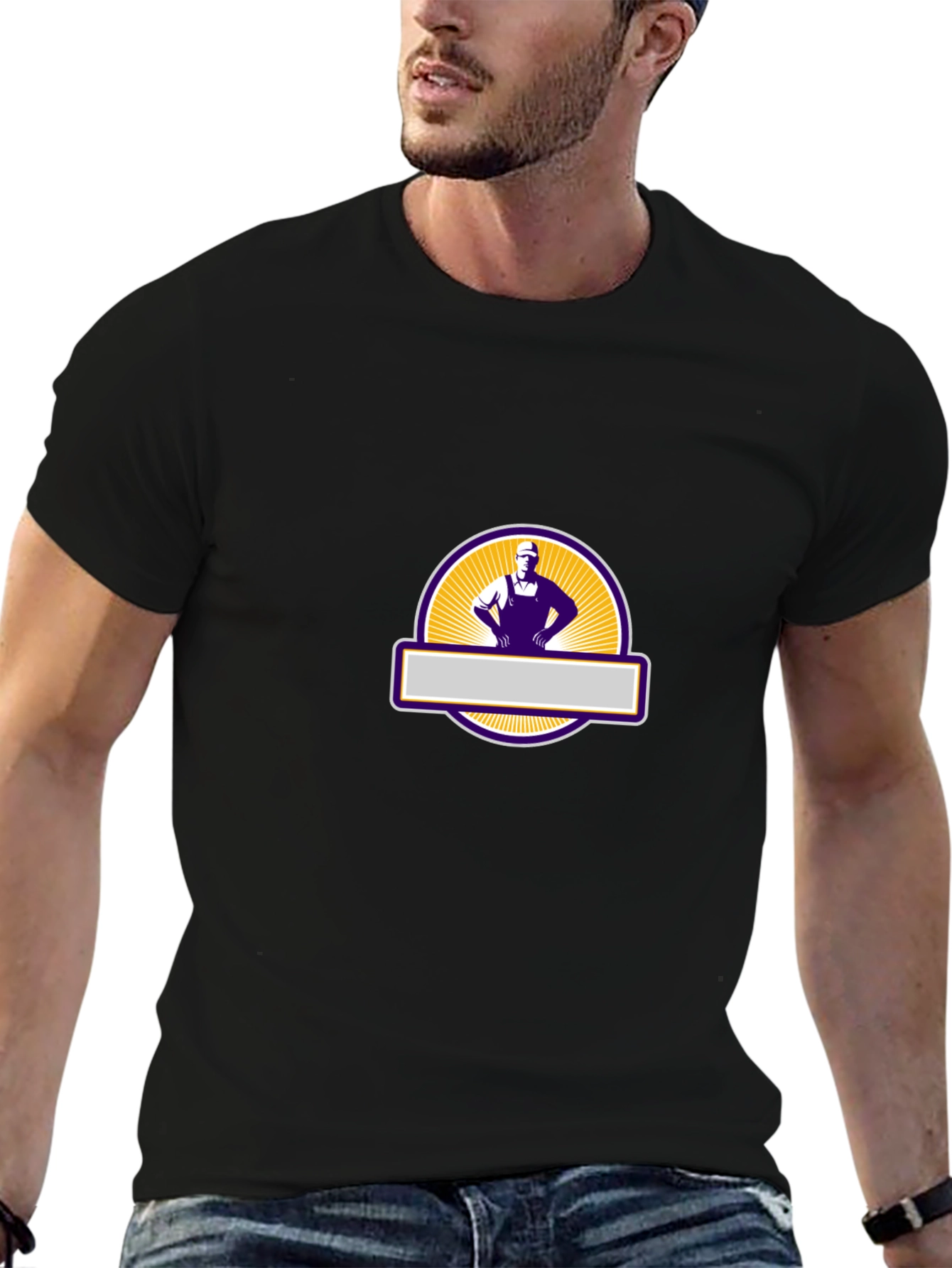 Mens Black Graphic T-Shirt - Retro Worker Design