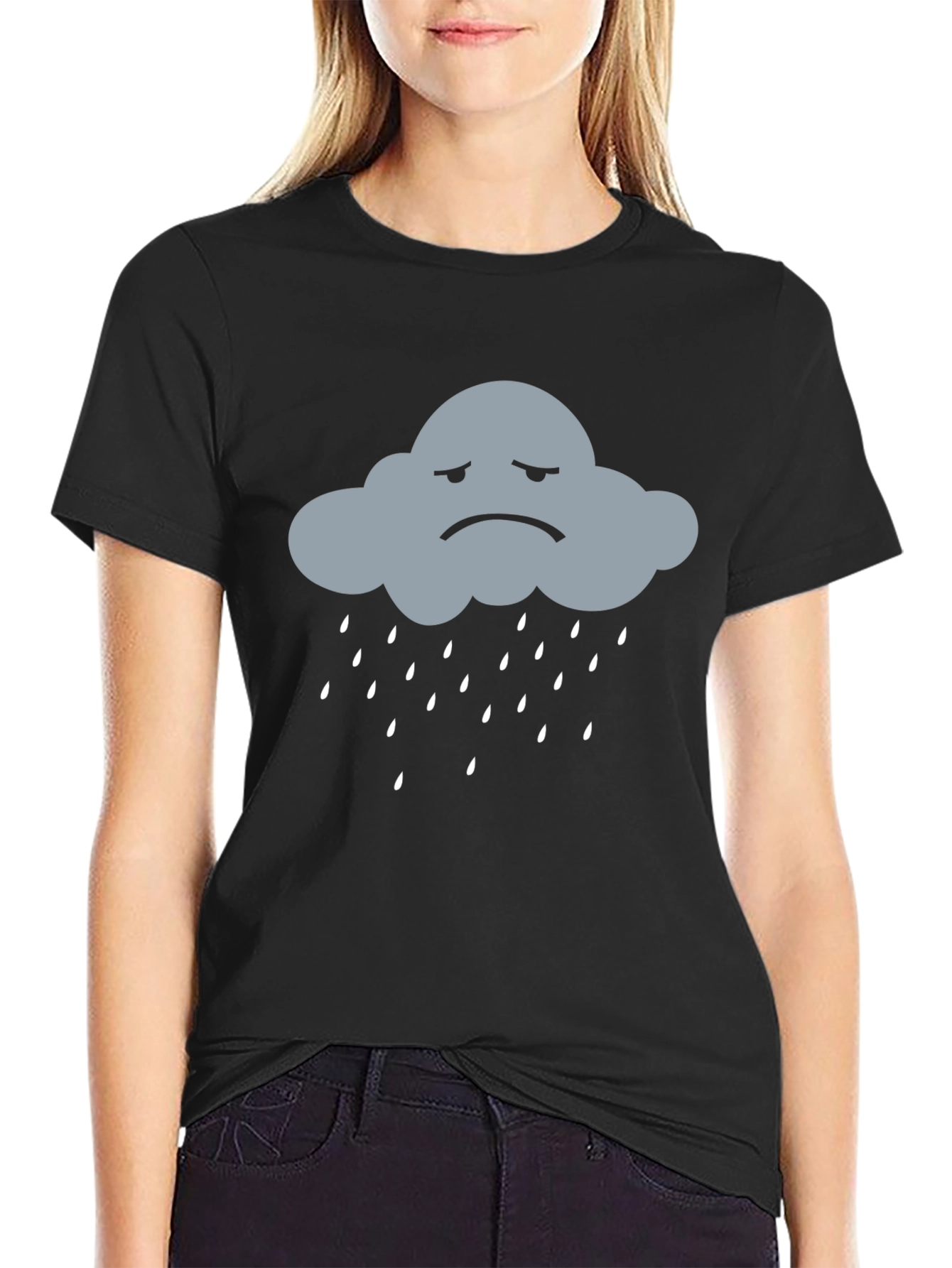Sad Cloud Rain T-Shirt - Black Cotton Blend Tee