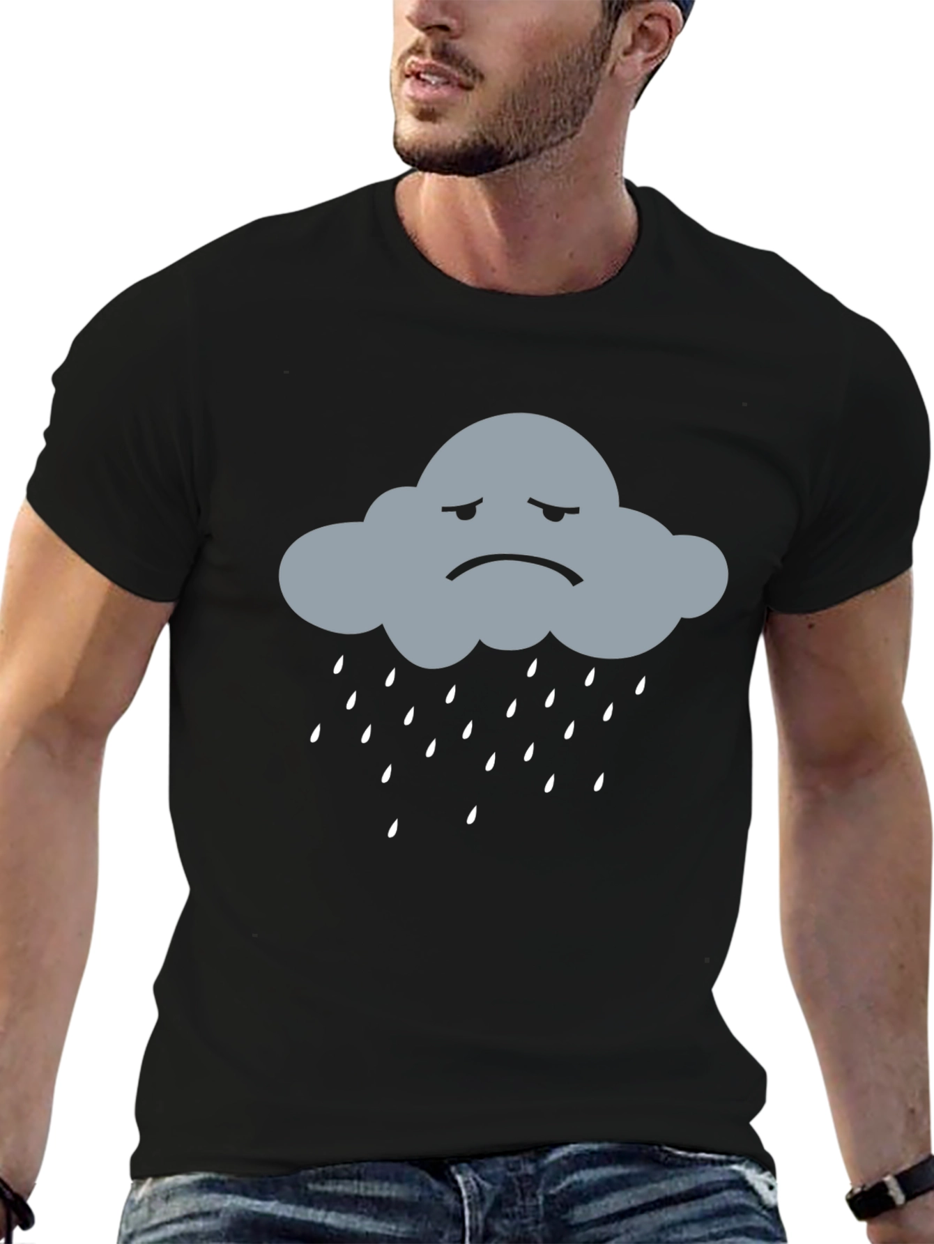 Sad Cloud Rain T-Shirt - Black Cotton Blend Tee