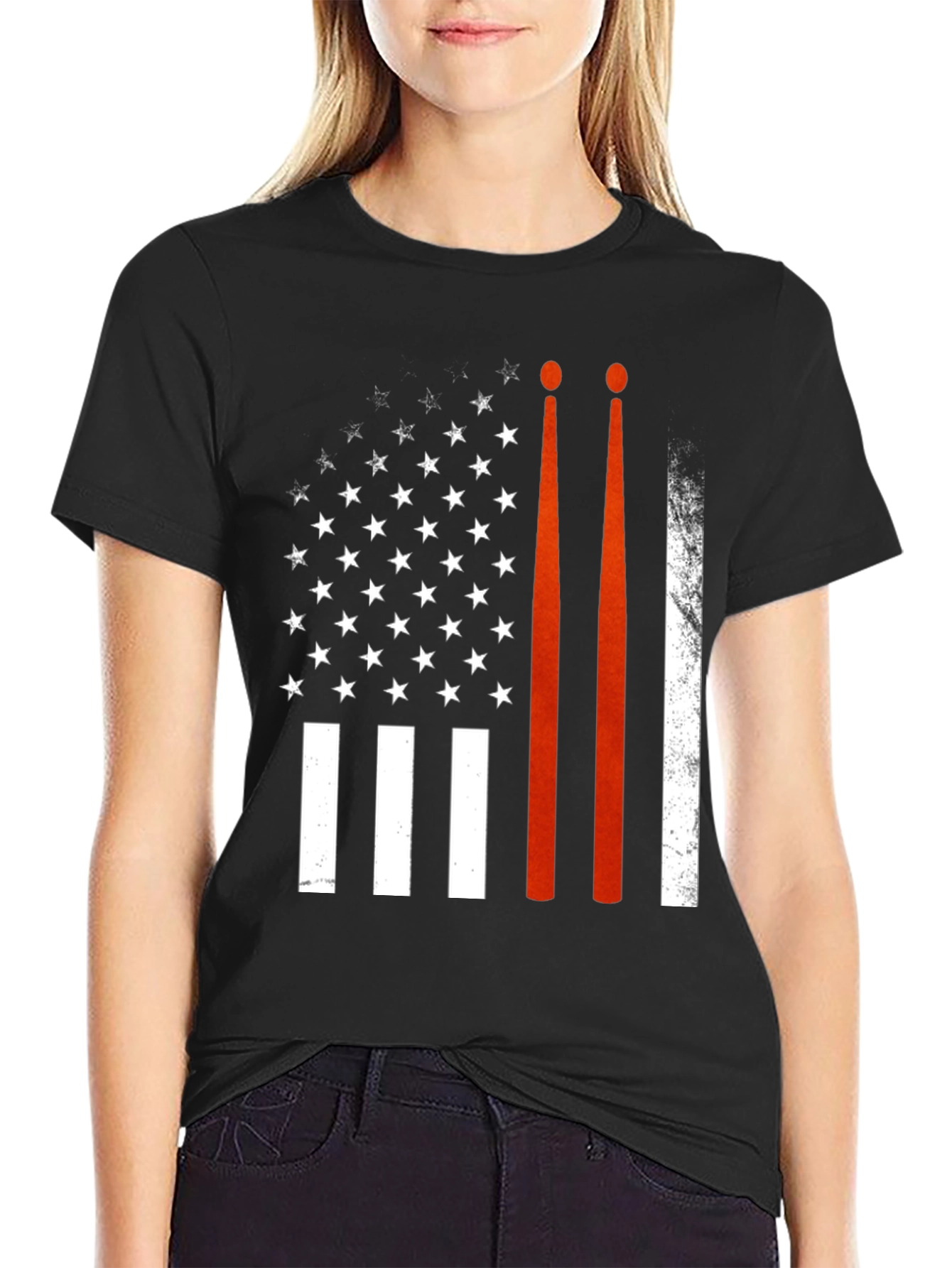 Drum Sticks American Flag Graphic T-Shirt