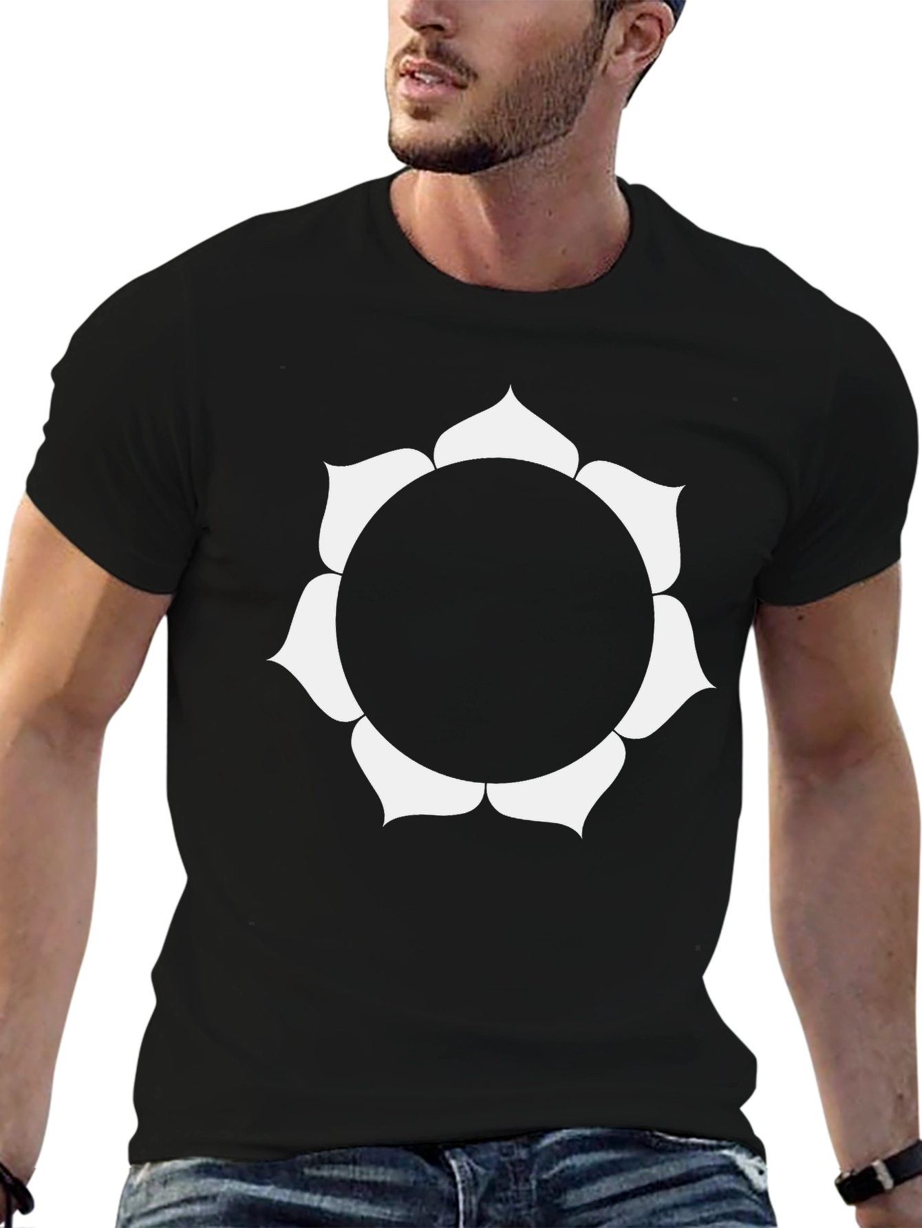 Black T-Shirt with White Floral Design