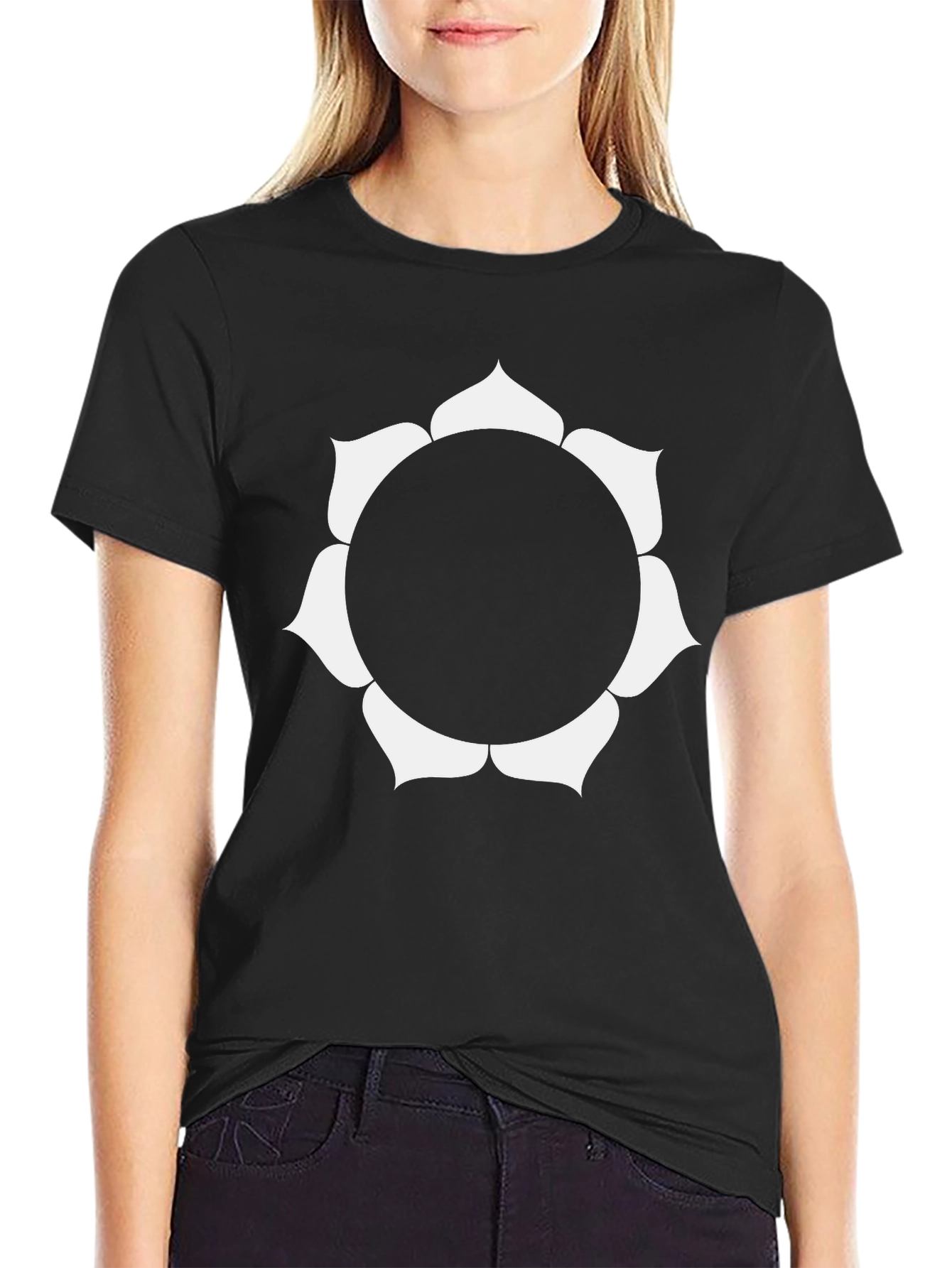 Black T-Shirt with White Floral Design