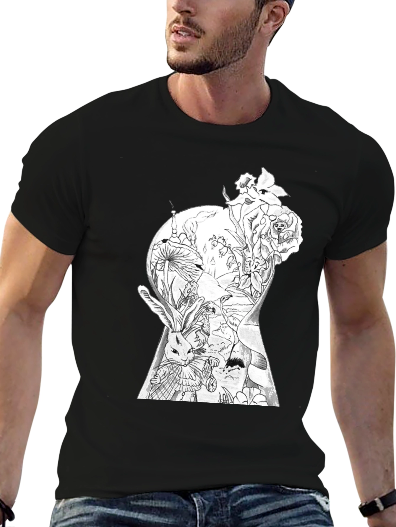 Alice in Wonderland Keyhole Graphic Tee - Black