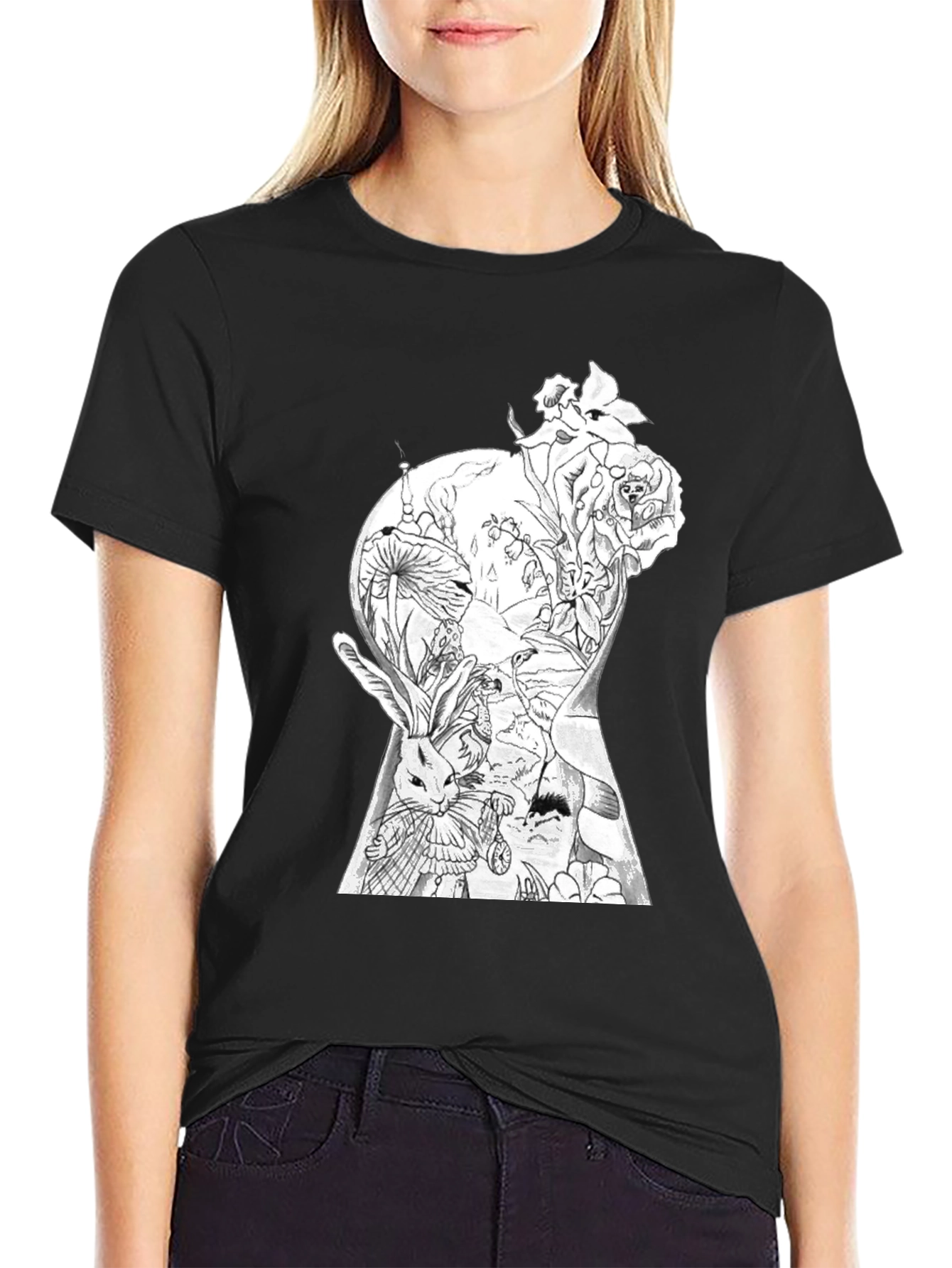 Alice in Wonderland Keyhole Graphic Tee - Black
