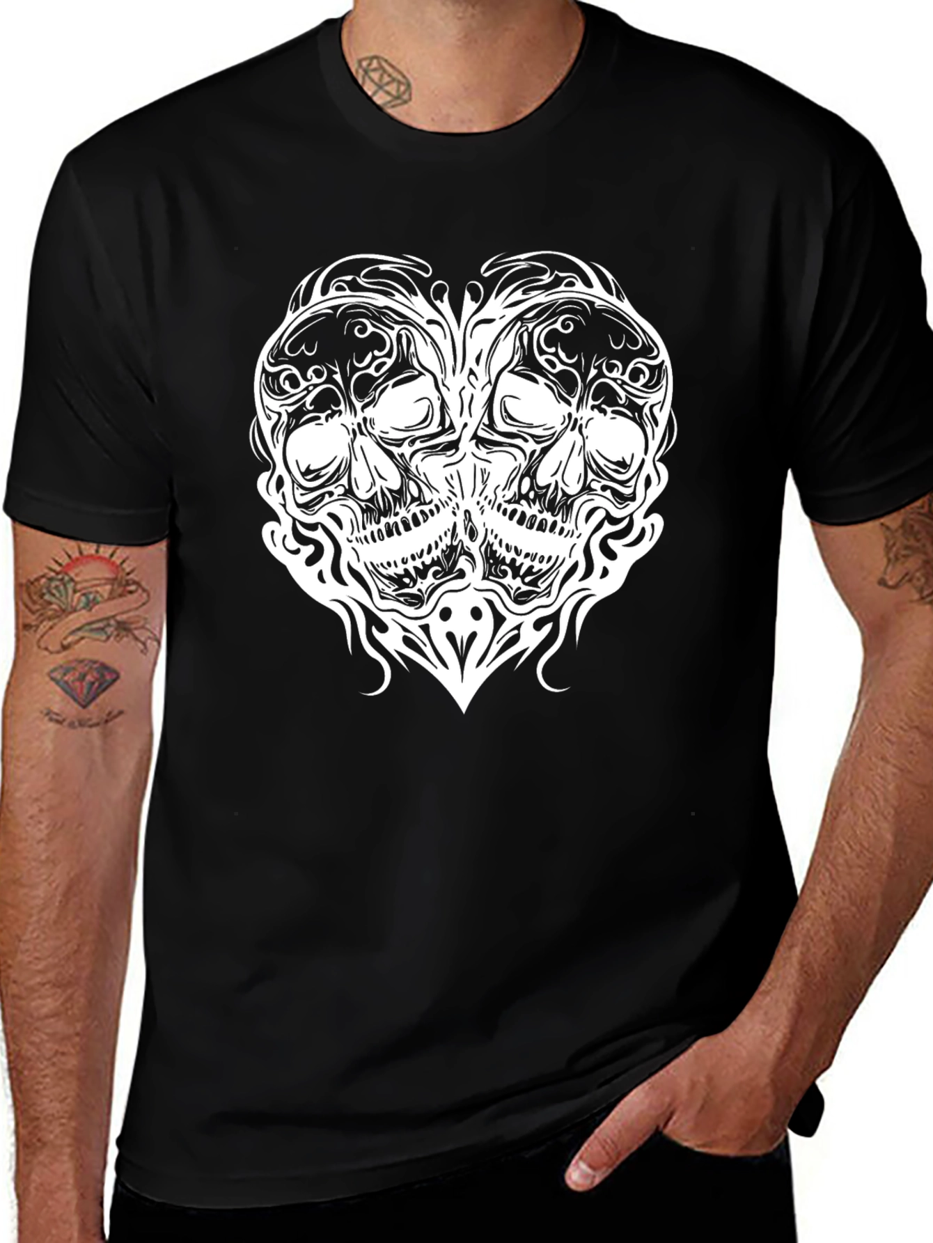 Skull Heart Graphic Tee - Black Cotton