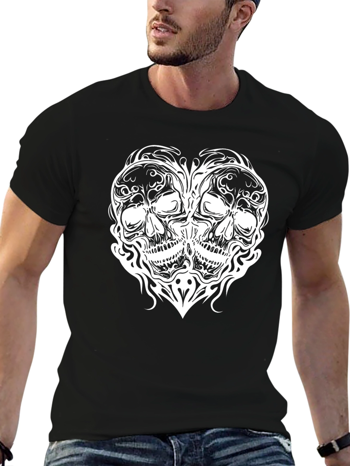 Skull Heart Graphic Tee - Black Cotton
