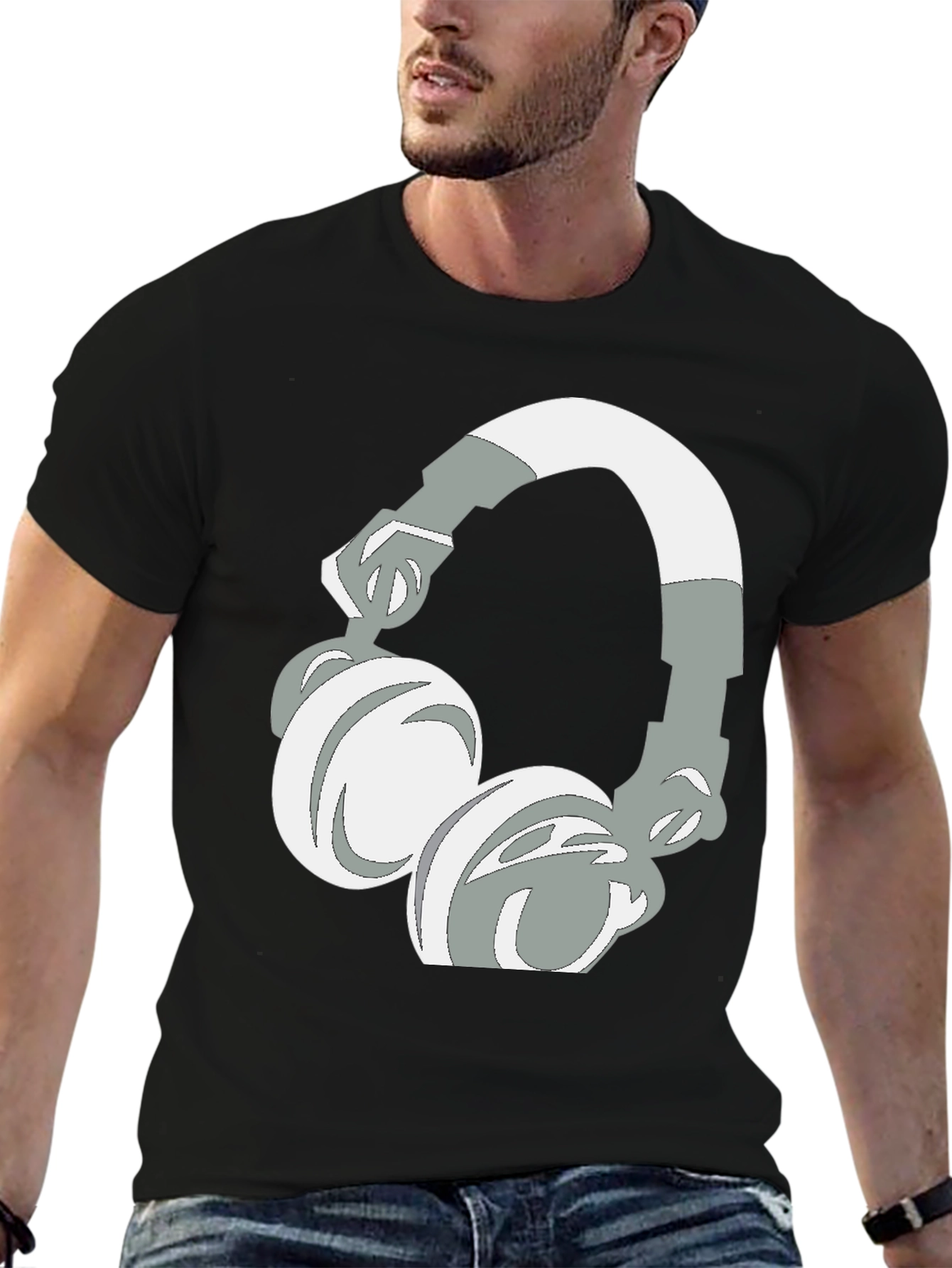 Black T-Shirt with Headphones Graphic