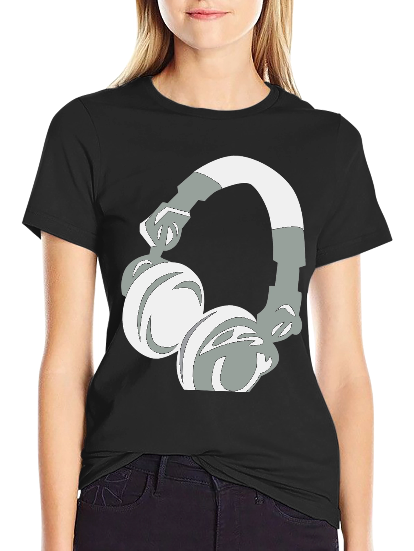 Black T-Shirt with Headphones Graphic