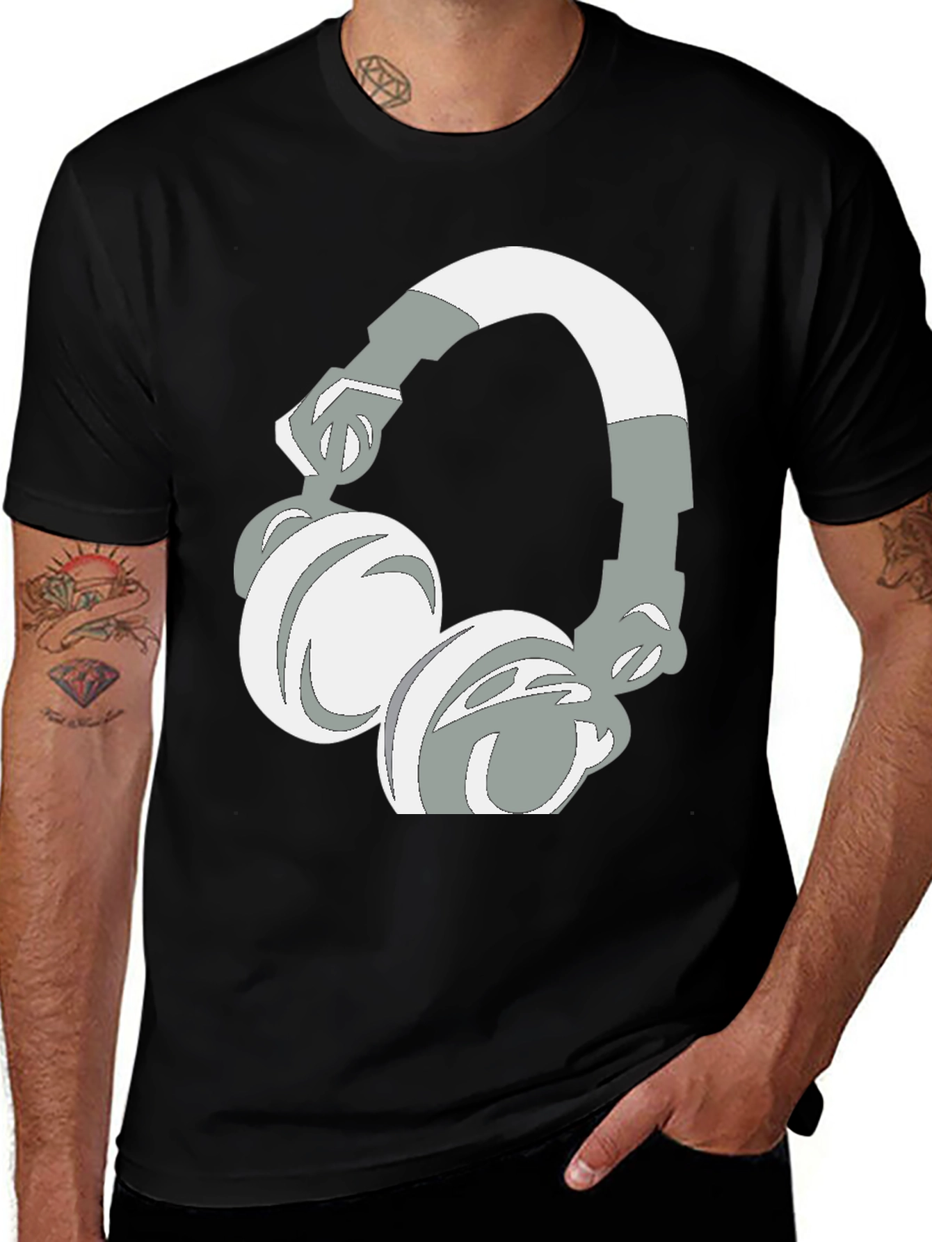 Black T-Shirt with Headphones Graphic