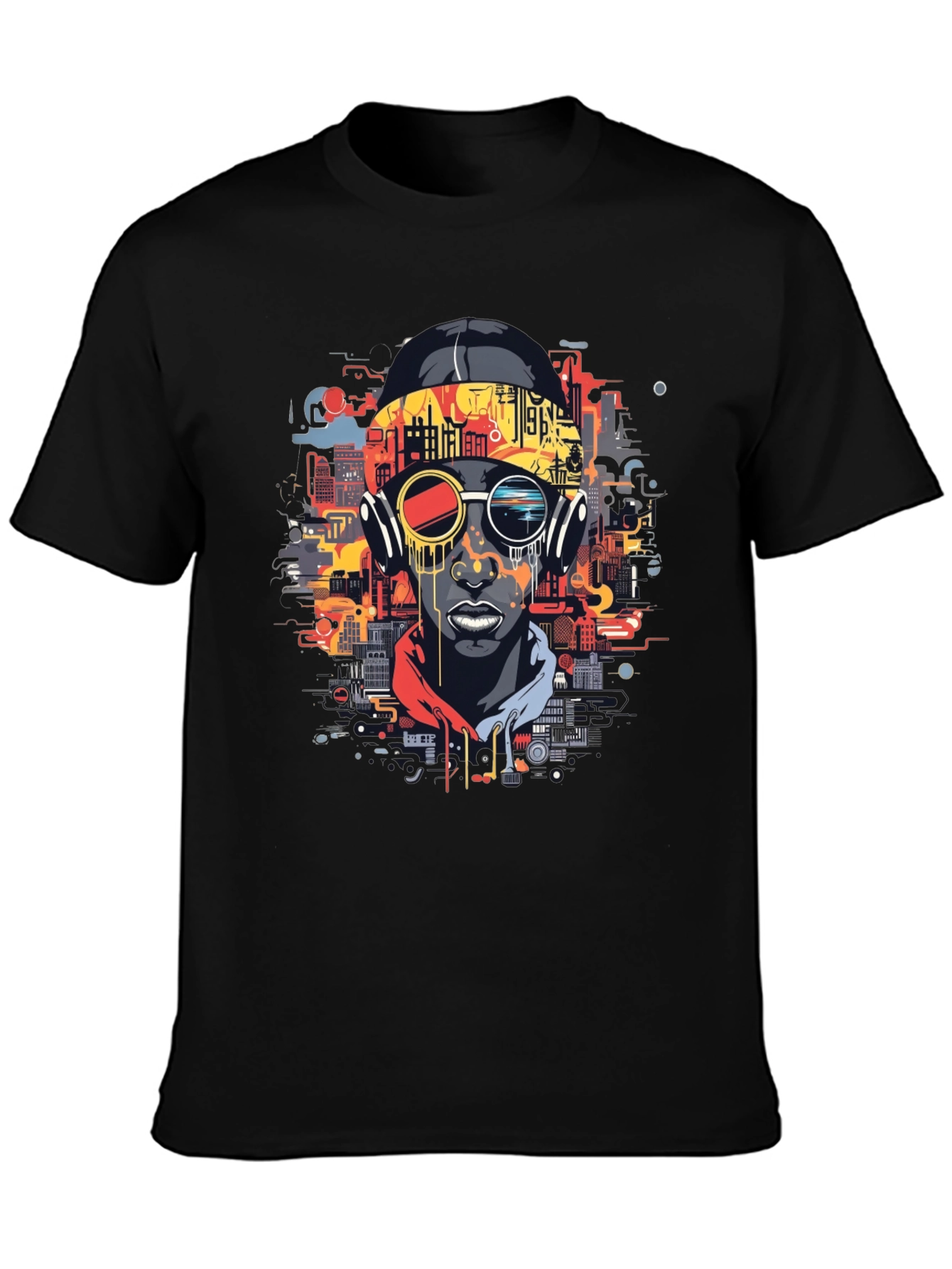Urban Beat Tee: Futuristic Cityscape Man Graphic T-Shirt