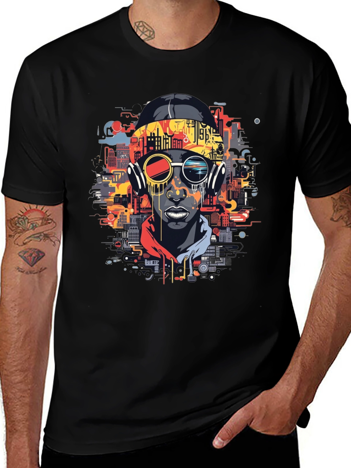 Urban Beat Tee: Futuristic Cityscape Man Graphic T-Shirt