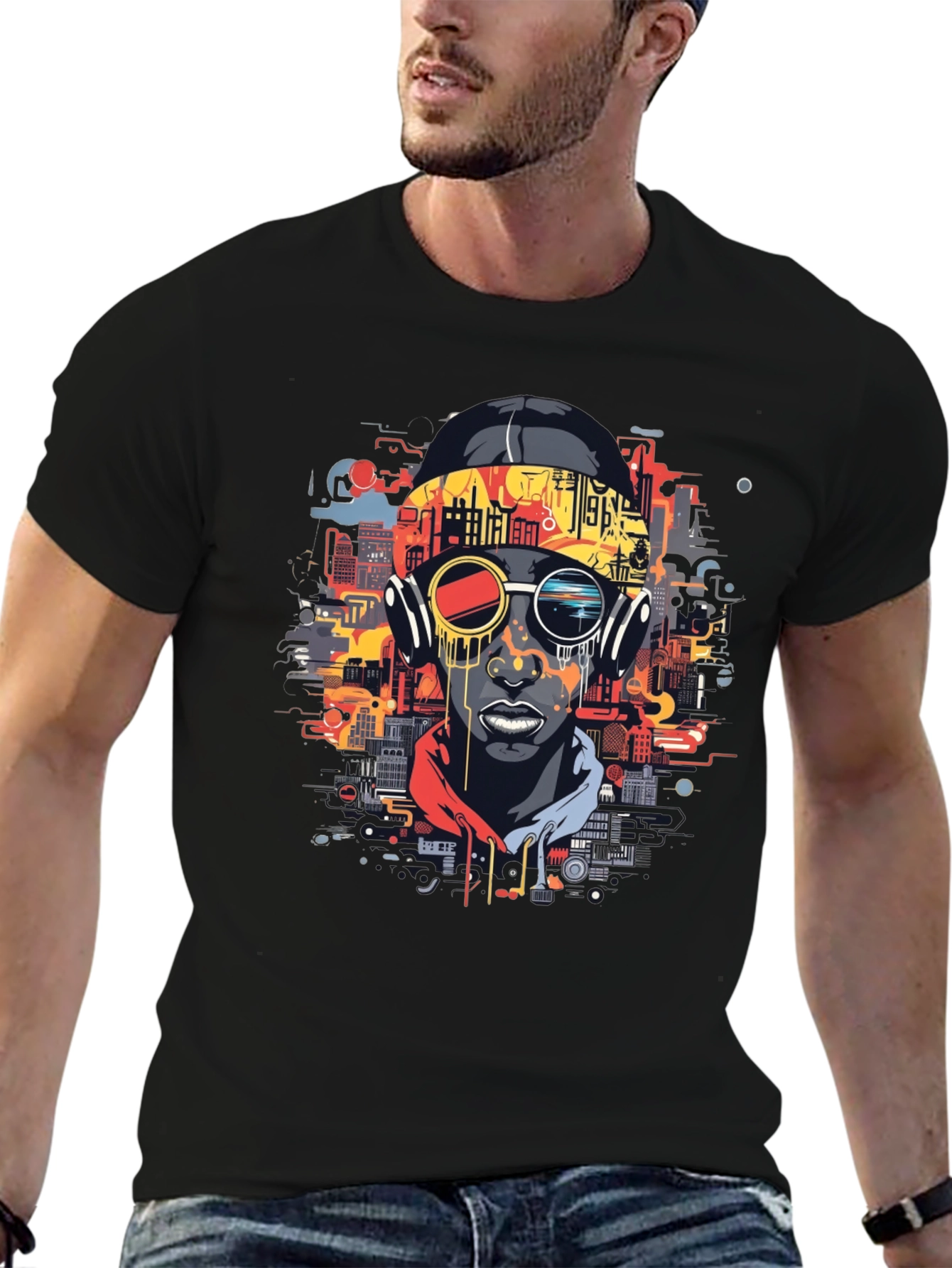 Urban Beat Tee: Futuristic Cityscape Man Graphic T-Shirt