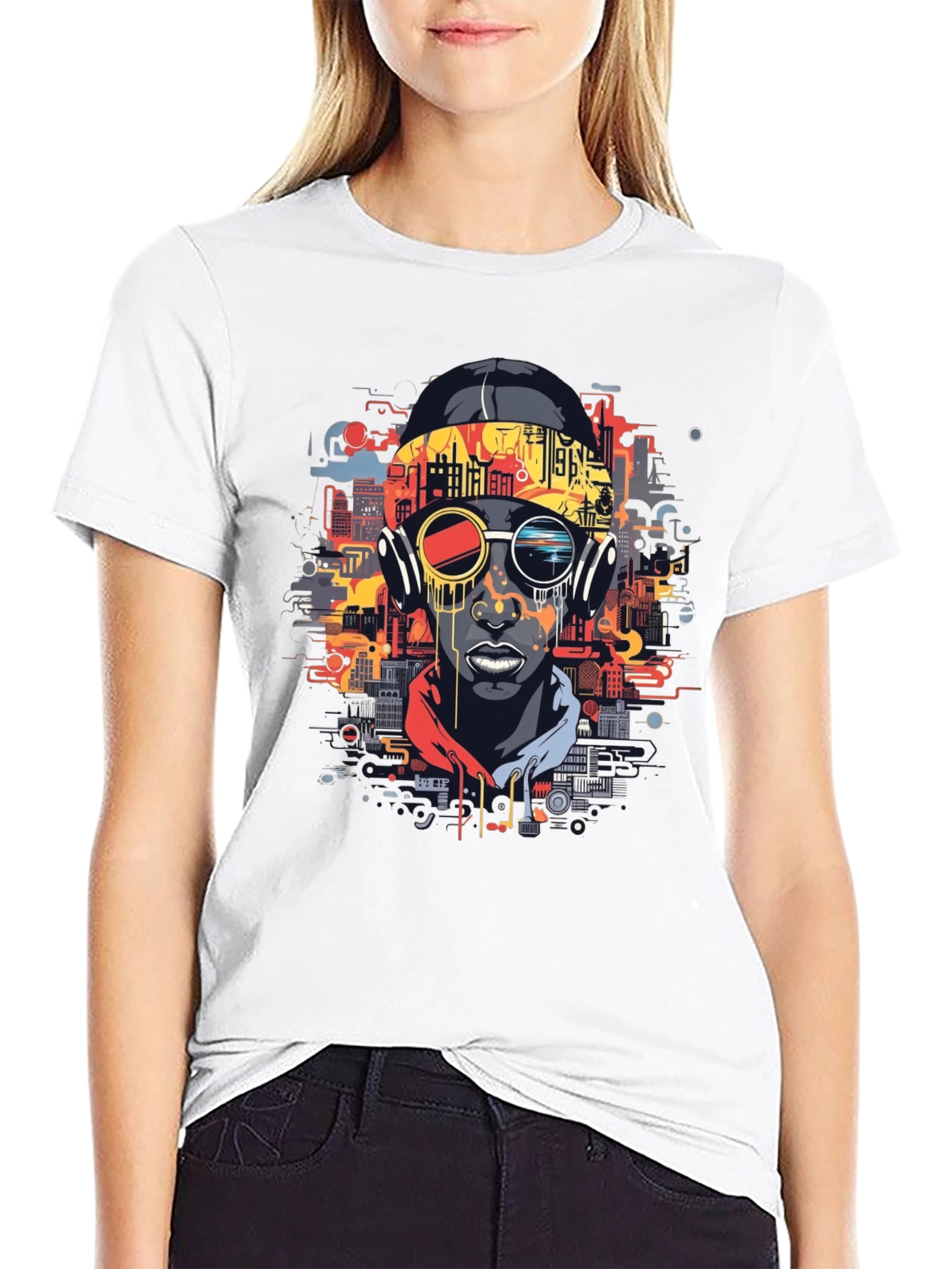 Urban Beat Tee: Futuristic Cityscape Man Graphic T-Shirt