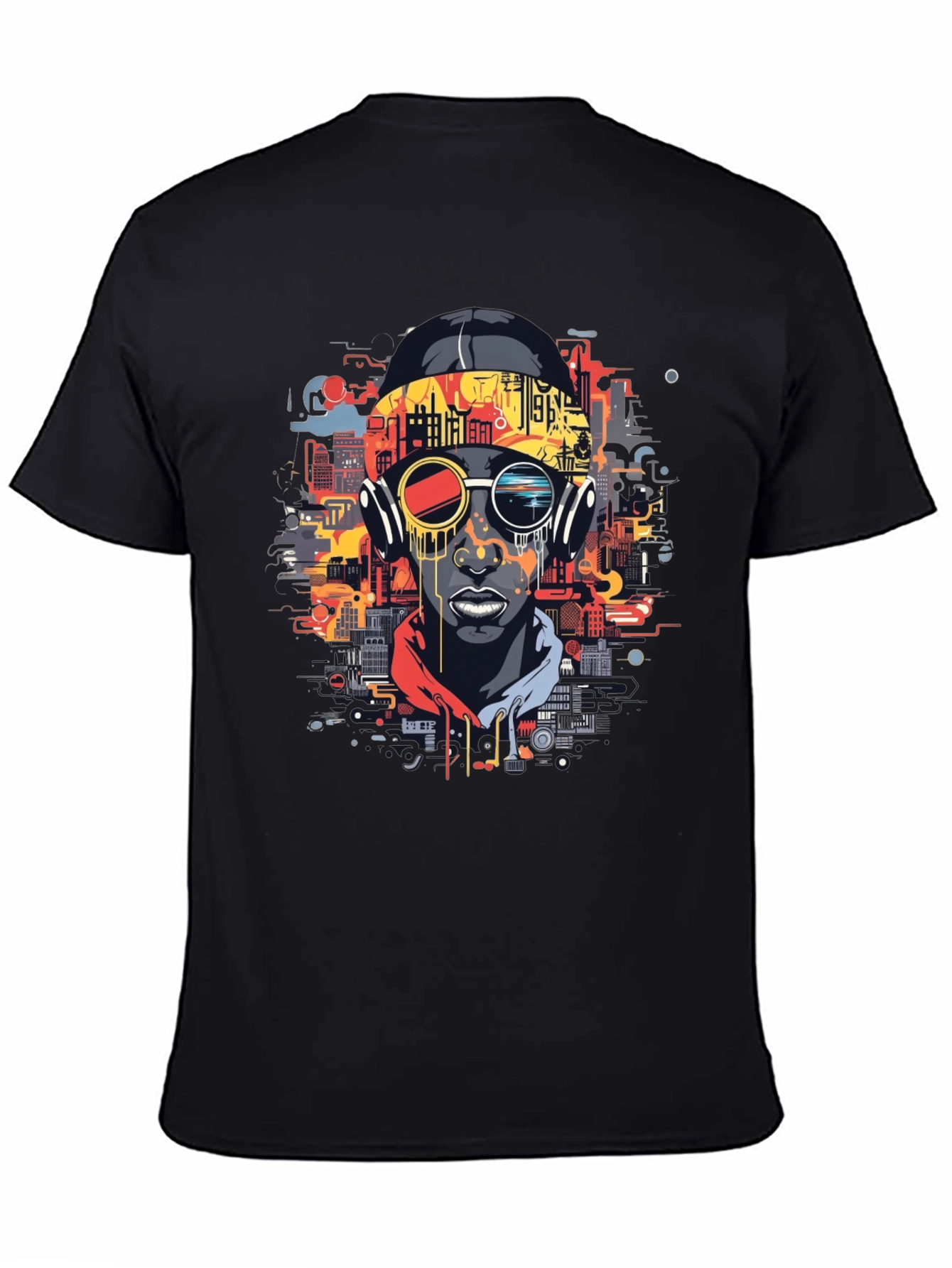 Urban Beat Tee: Futuristic Cityscape Man Graphic T-Shirt