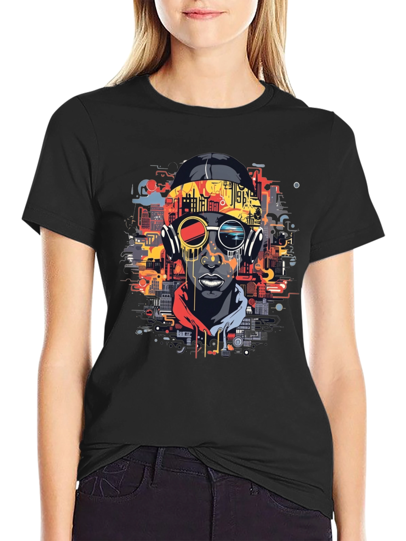 Urban Beat Tee: Futuristic Cityscape Man Graphic T-Shirt