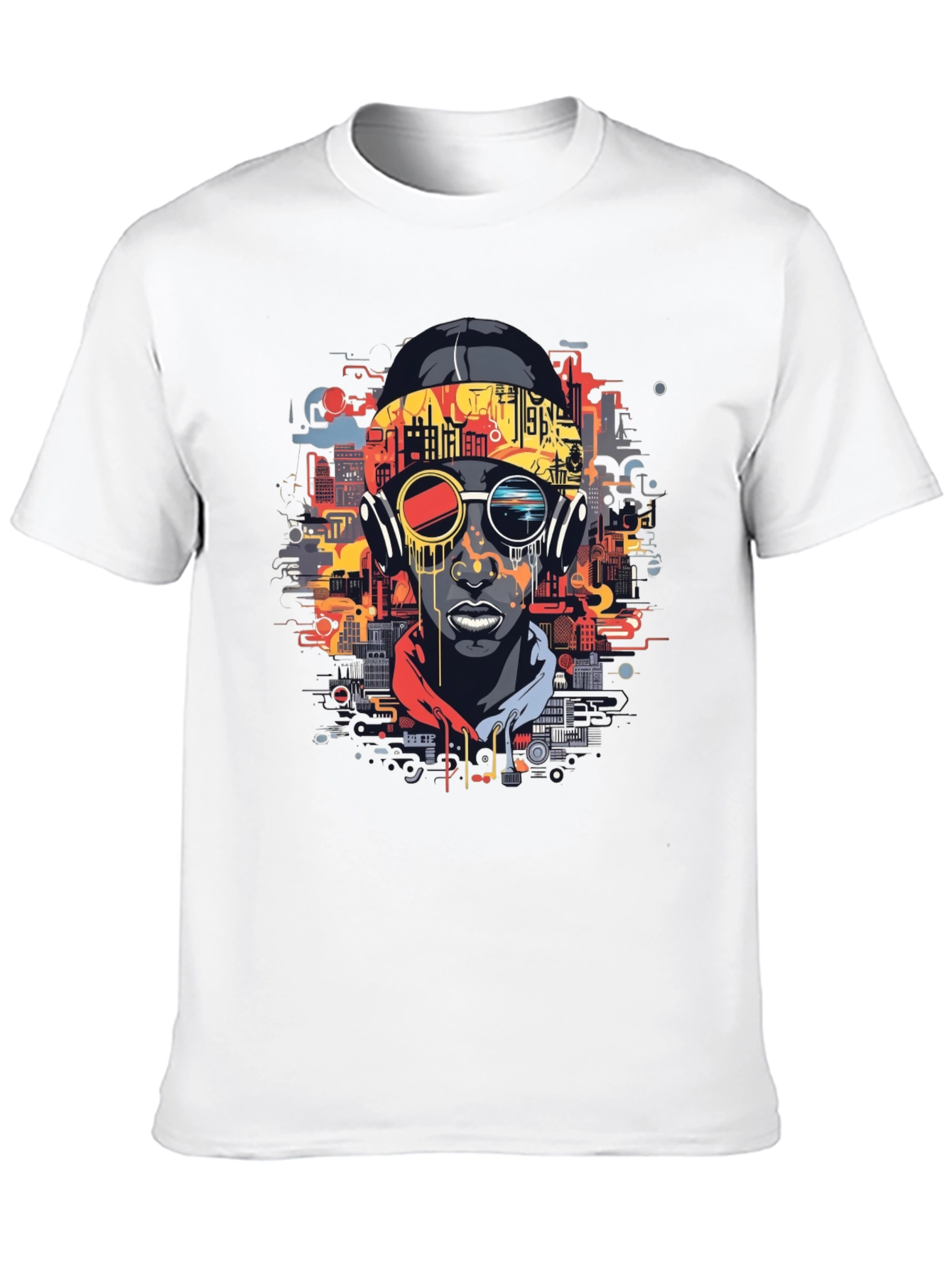 Urban Beat Tee: Futuristic Cityscape Man Graphic T-Shirt