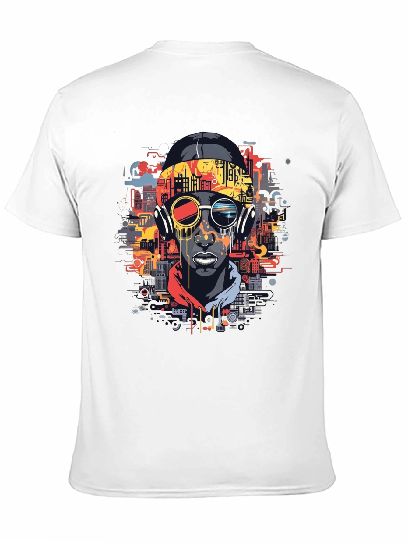 Urban Beat Tee: Futuristic Cityscape Man Graphic T-Shirt