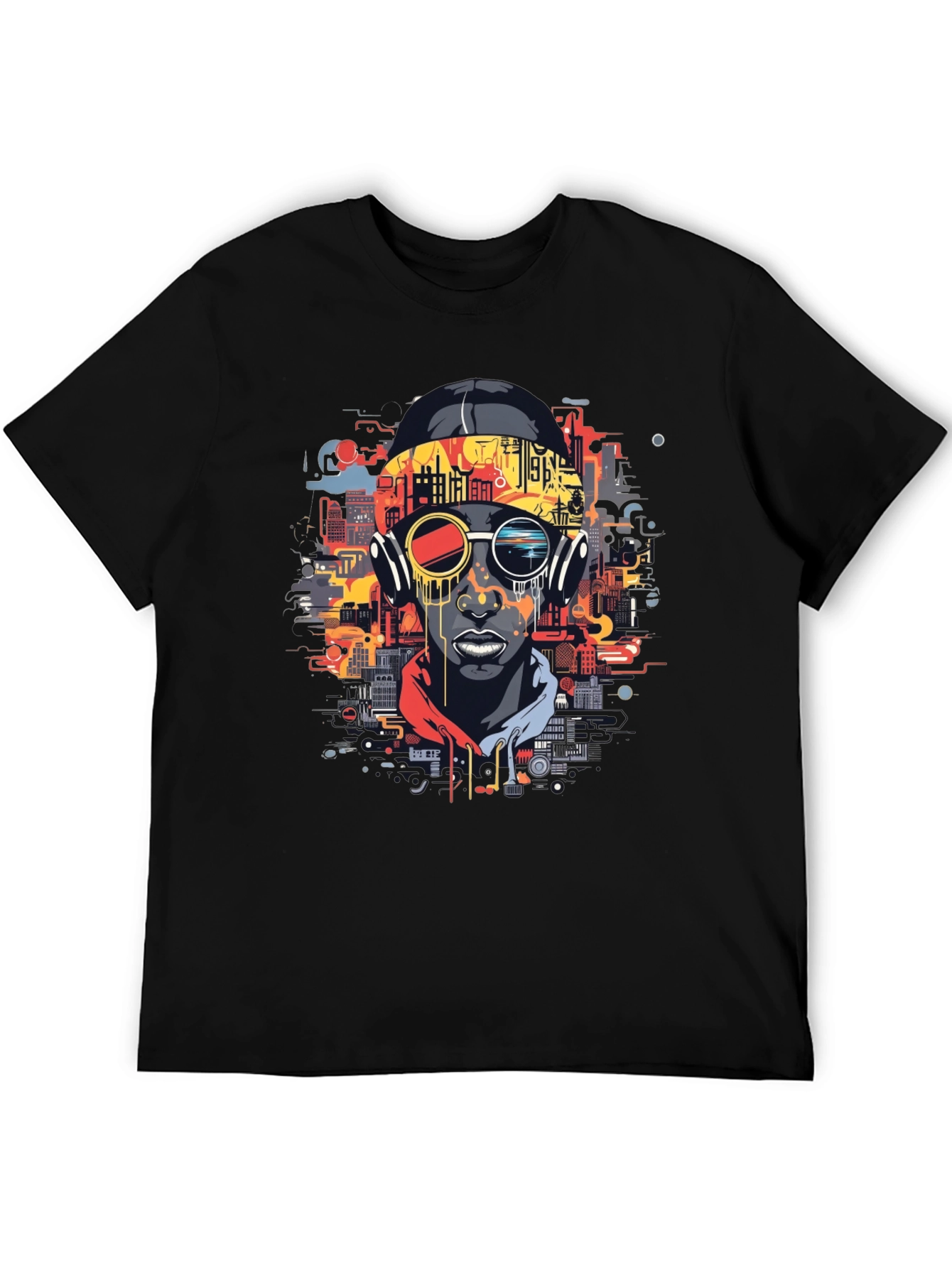Urban Beat Tee: Futuristic Cityscape Man Graphic T-Shirt