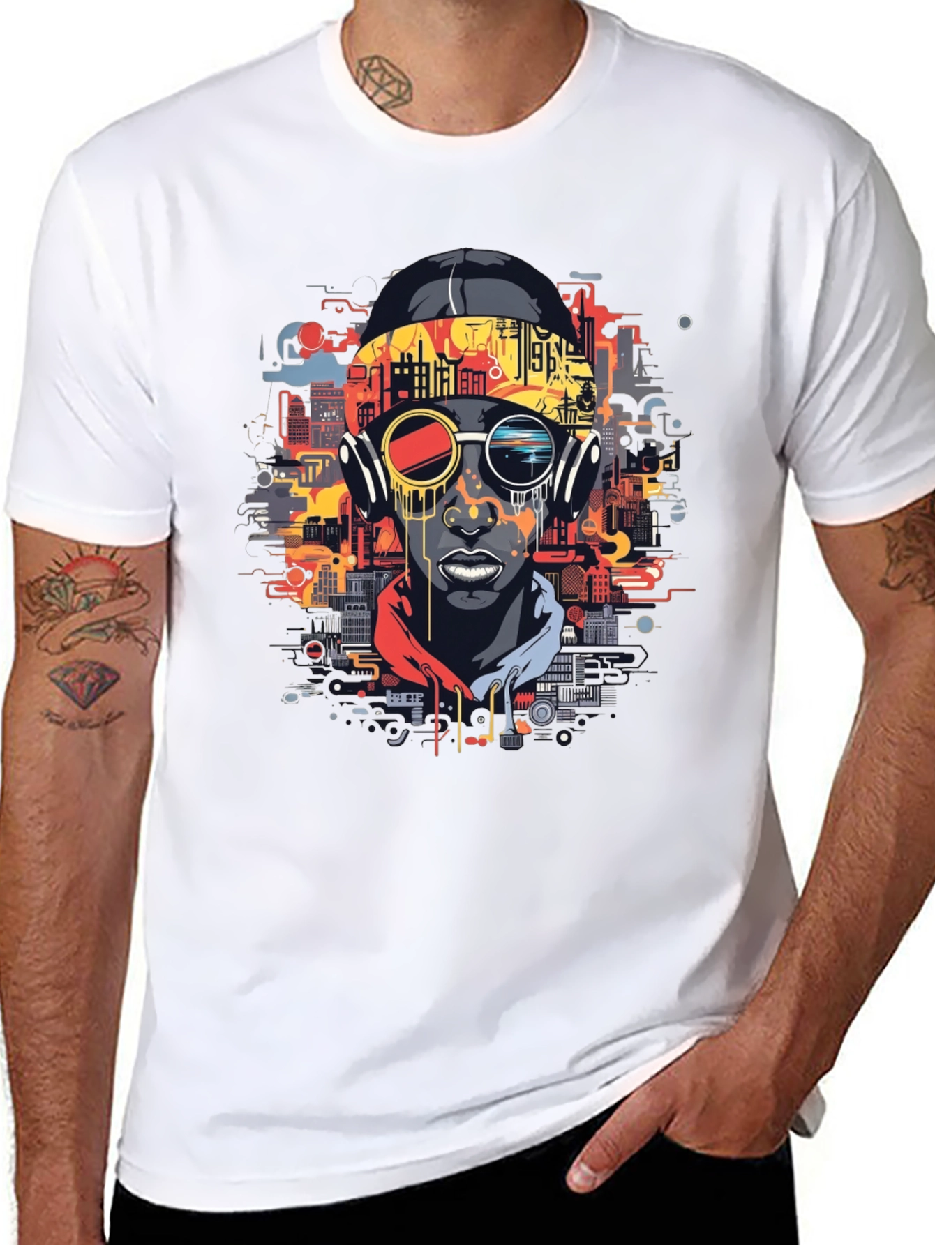 Urban Beat Tee: Futuristic Cityscape Man Graphic T-Shirt