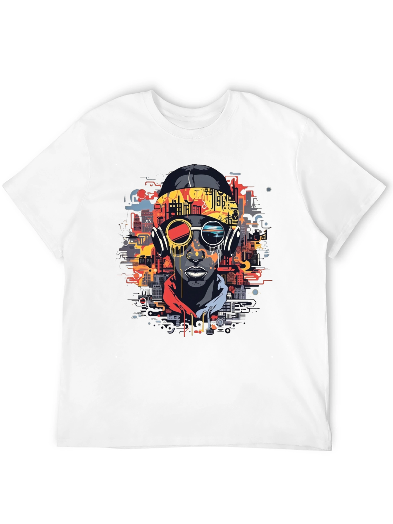 Urban Beat Tee: Futuristic Cityscape Man Graphic T-Shirt
