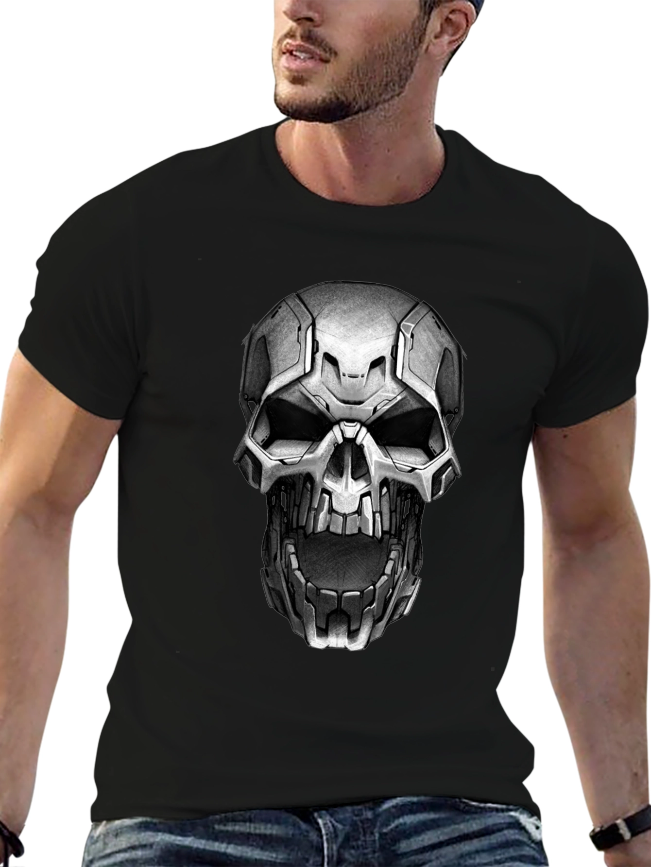 Cyber Skull Graphic Tee - Black Cotton
