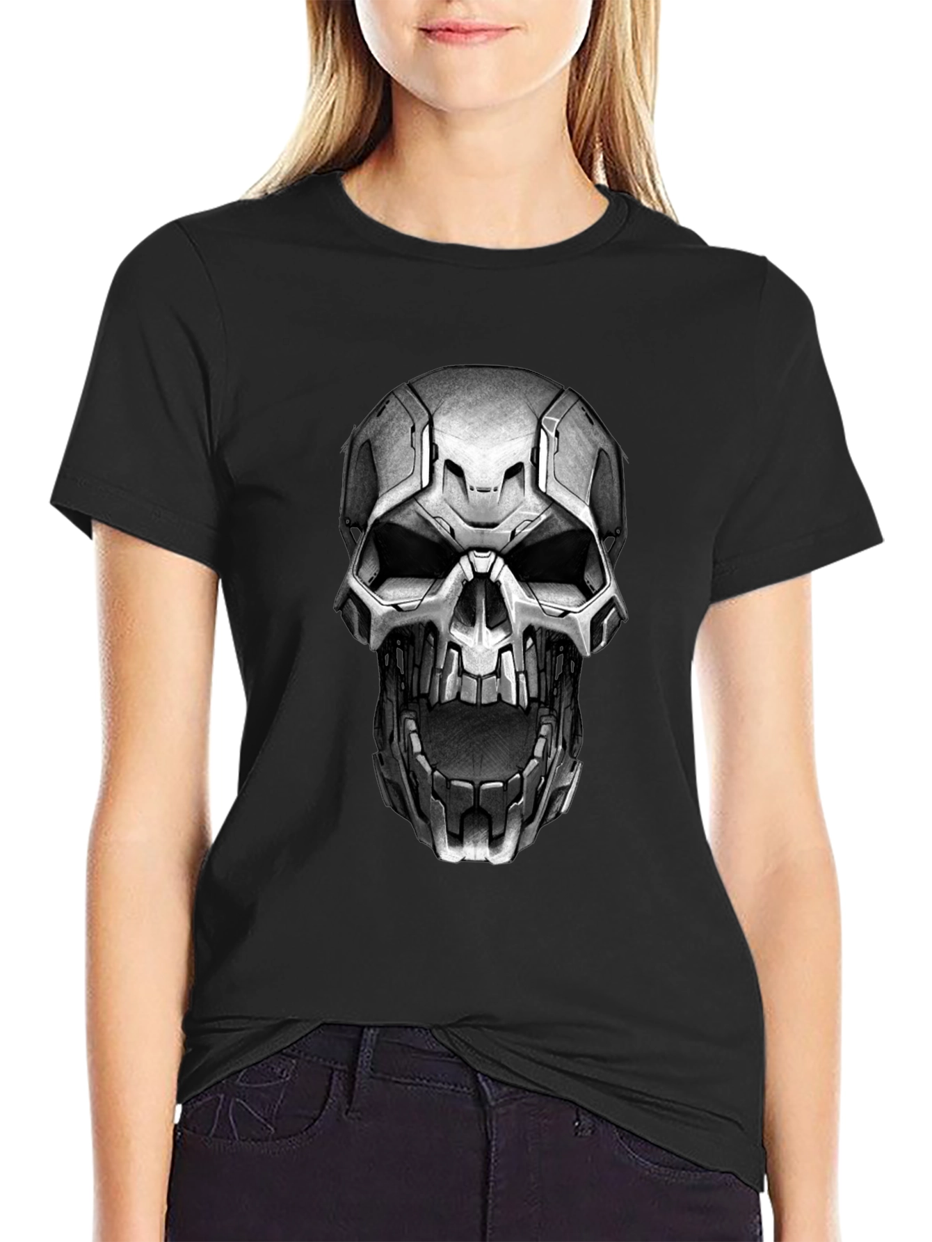 Cyber Skull Graphic Tee - Black Cotton