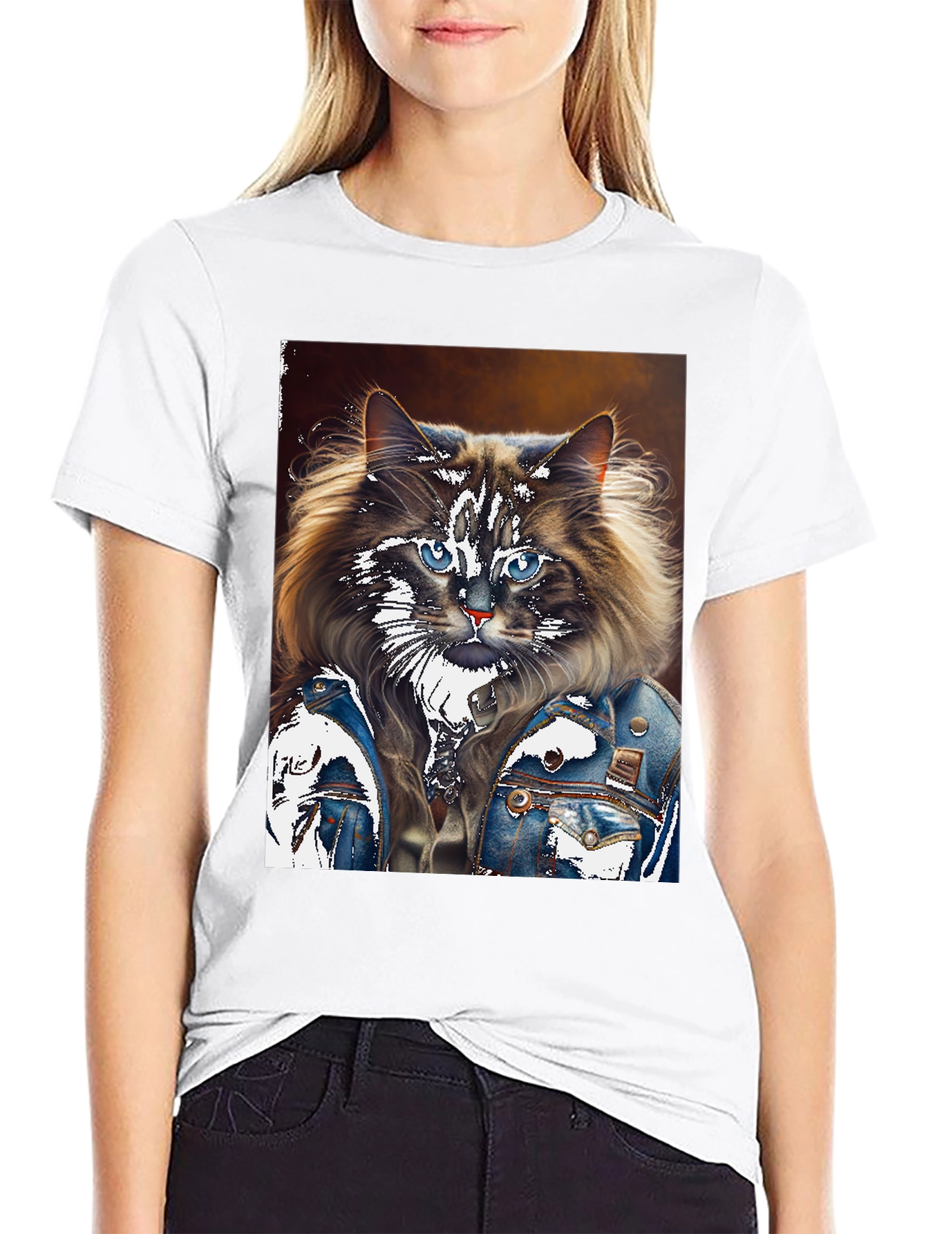 Cat in Denim Jacket Graphic T-Shirt