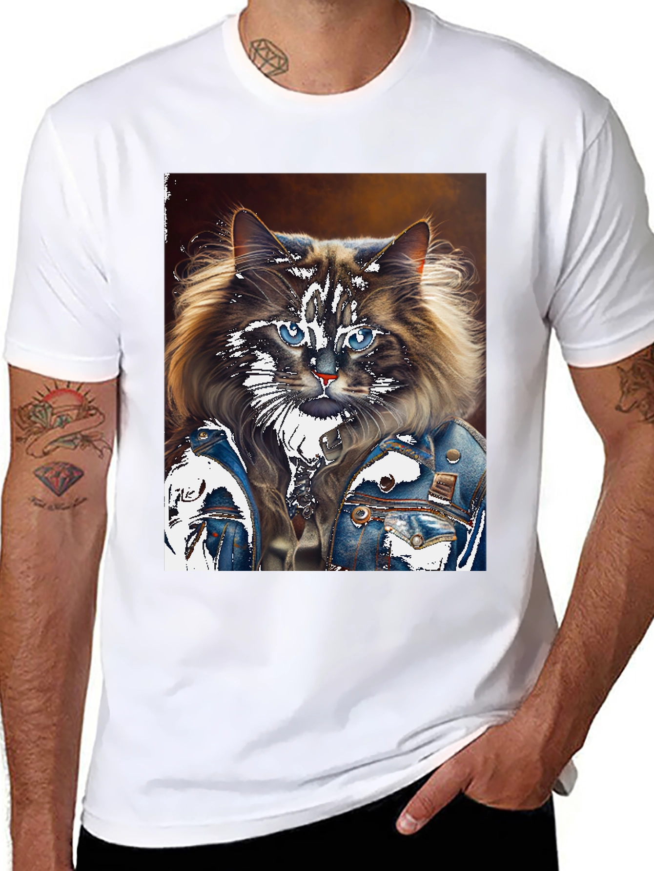 Cat in Denim Jacket Graphic T-Shirt