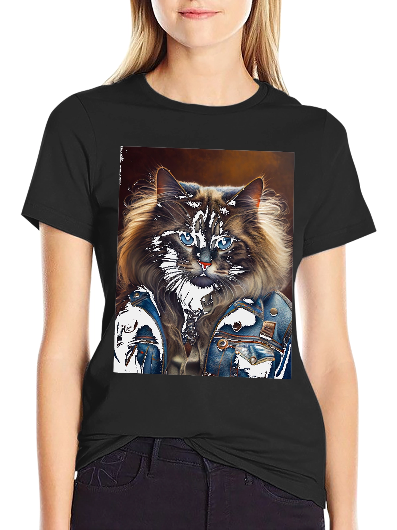 Cat in Denim Jacket Graphic T-Shirt
