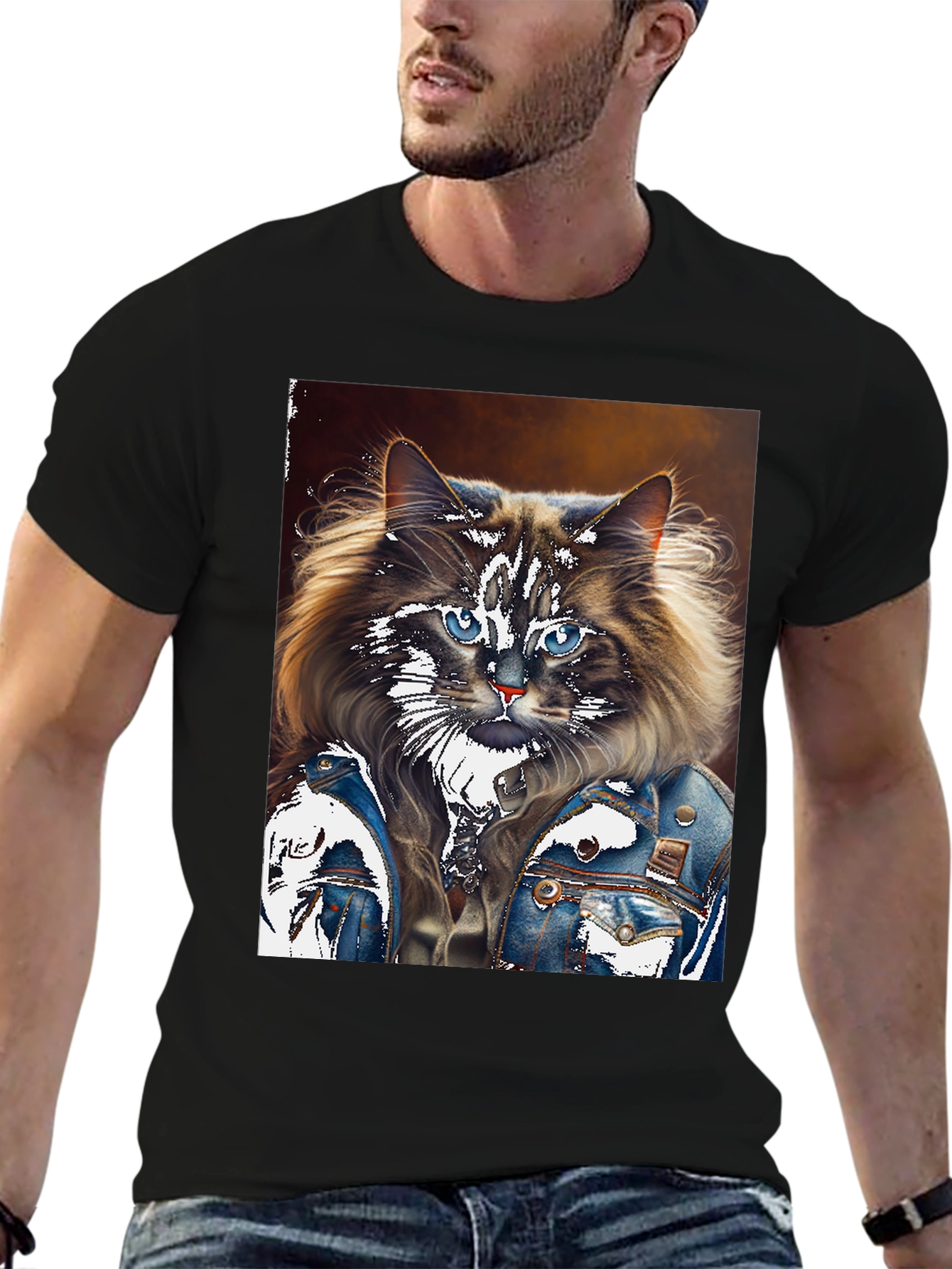 Cat in Denim Jacket Graphic T-Shirt