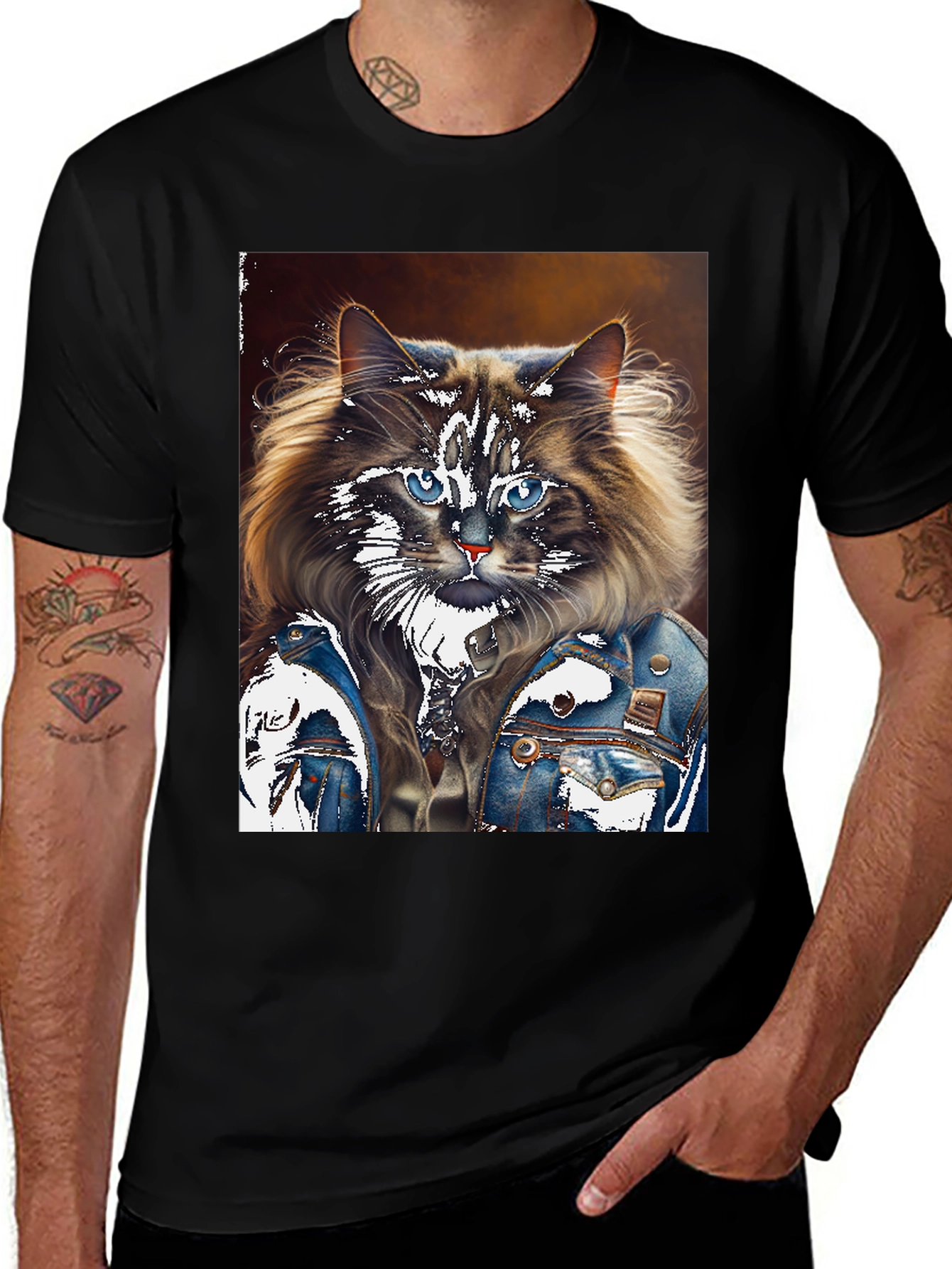 Cat in Denim Jacket Graphic T-Shirt