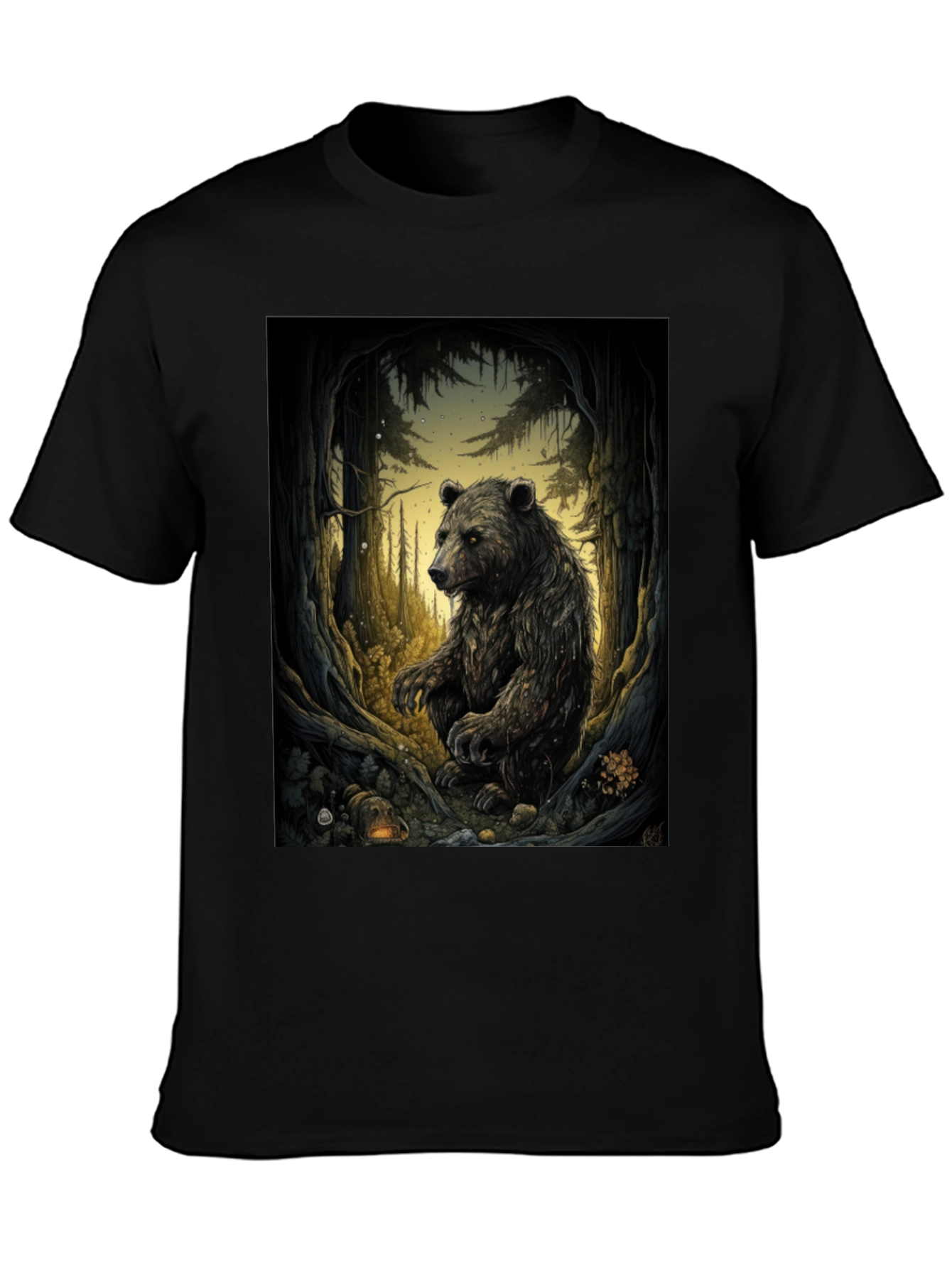 Bear in Woods Graphic Tee - Black Cotton