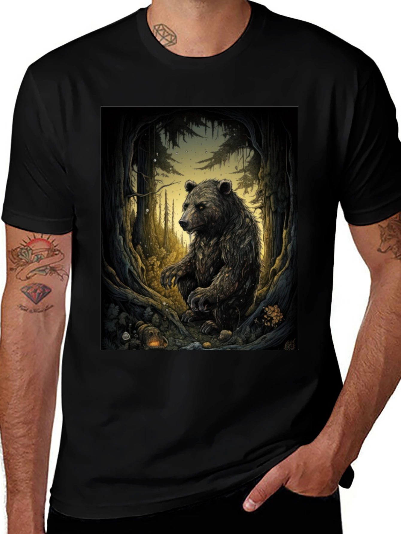 Bear in Woods Graphic Tee - Black Cotton